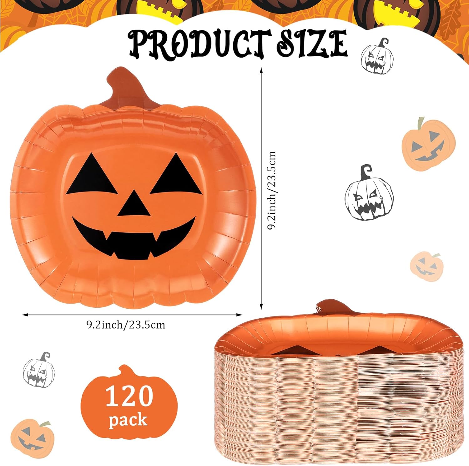 Umigy 120 Pcs Halloween Pumpkin Paper Plates 9 Inch Pumpkin Disposable Plates Halloween Party Dinner Tableware for Holiday Catering Event Dinning Party Favor