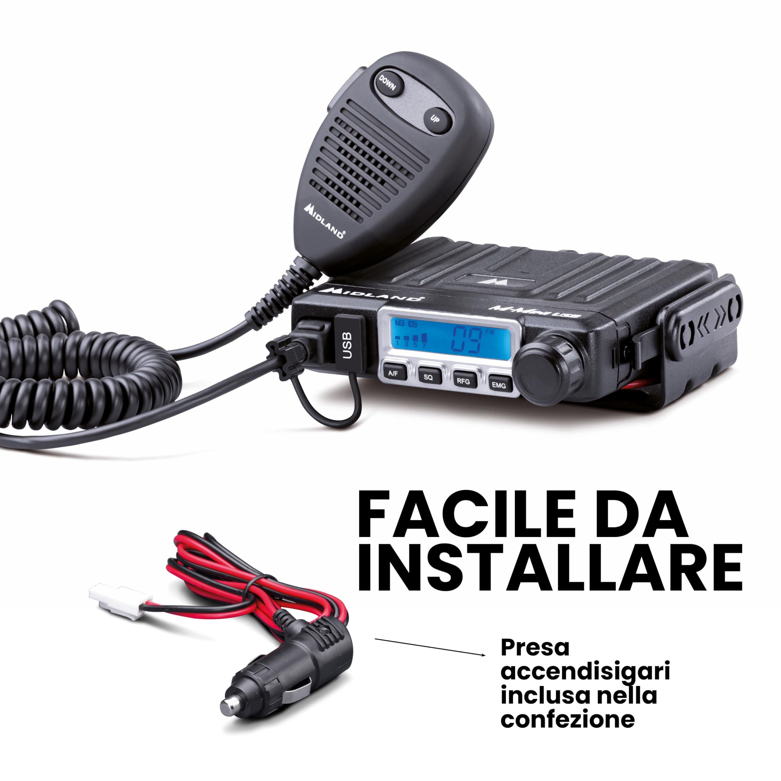 Midland M-MINI USB C1262.04, CB Radio Multistandard Mini CB Radio z Gniazdem USB - 40 AM/FM Kanałów, Multiband, Podwójny Squelch Mode, Wyjmowany Mikrofon - Łatwa Instalacja