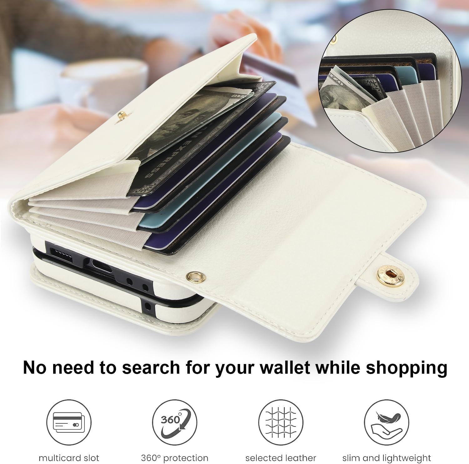 Phone Case for Samsung Galaxy Z Flip 4 5G 2022 Wallet Cover with Crossbody Wrist Strap Lanyard Credit Card Holder Slot Stand RFID Blocking Cell leather ZFlip4 Z4 Flip4 4Z Women Men Girls White