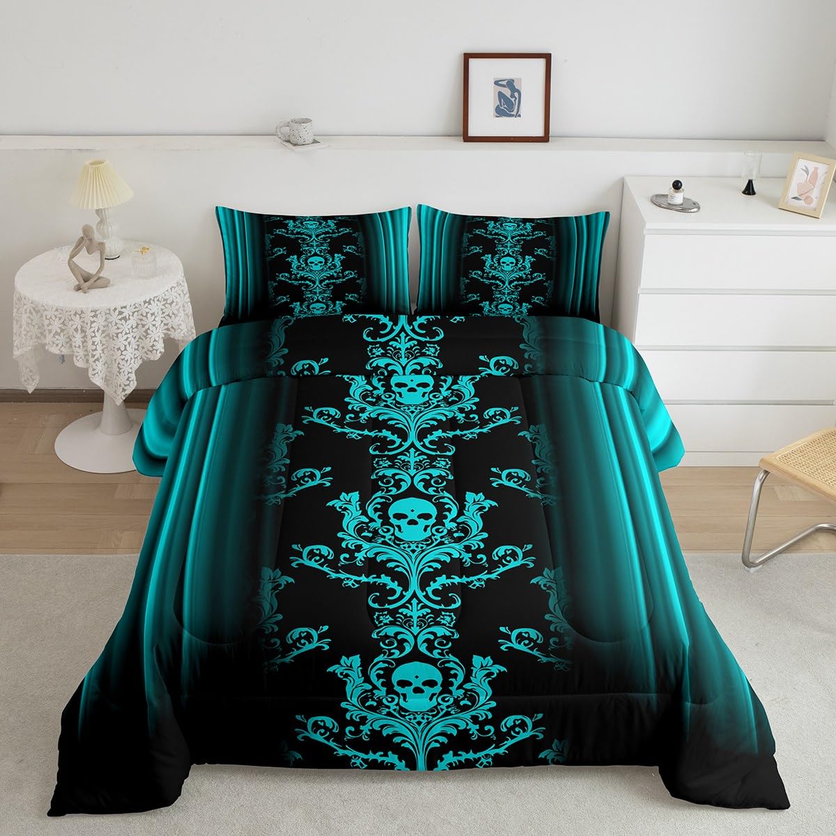 Feelyou Adults Gothic Skull Bedding Set for Kids Boys Girls Ombre Damask Design Comforter Set Teal Comforter Vintage Boho Print Quilt Set 3Pcs King