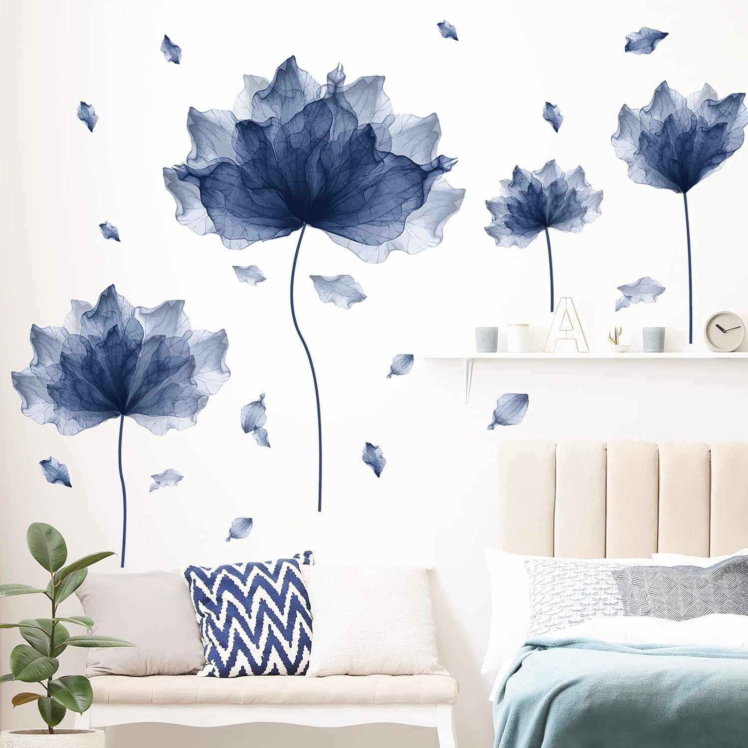 39.3'' x 32.6'' Huge Flower Petal Wall Decals Living Room Floral Wall Stickers Removable Peel and Stick Waterproof Wall Art Decor Stickers for Bedroom Bathroom Office (Navy)