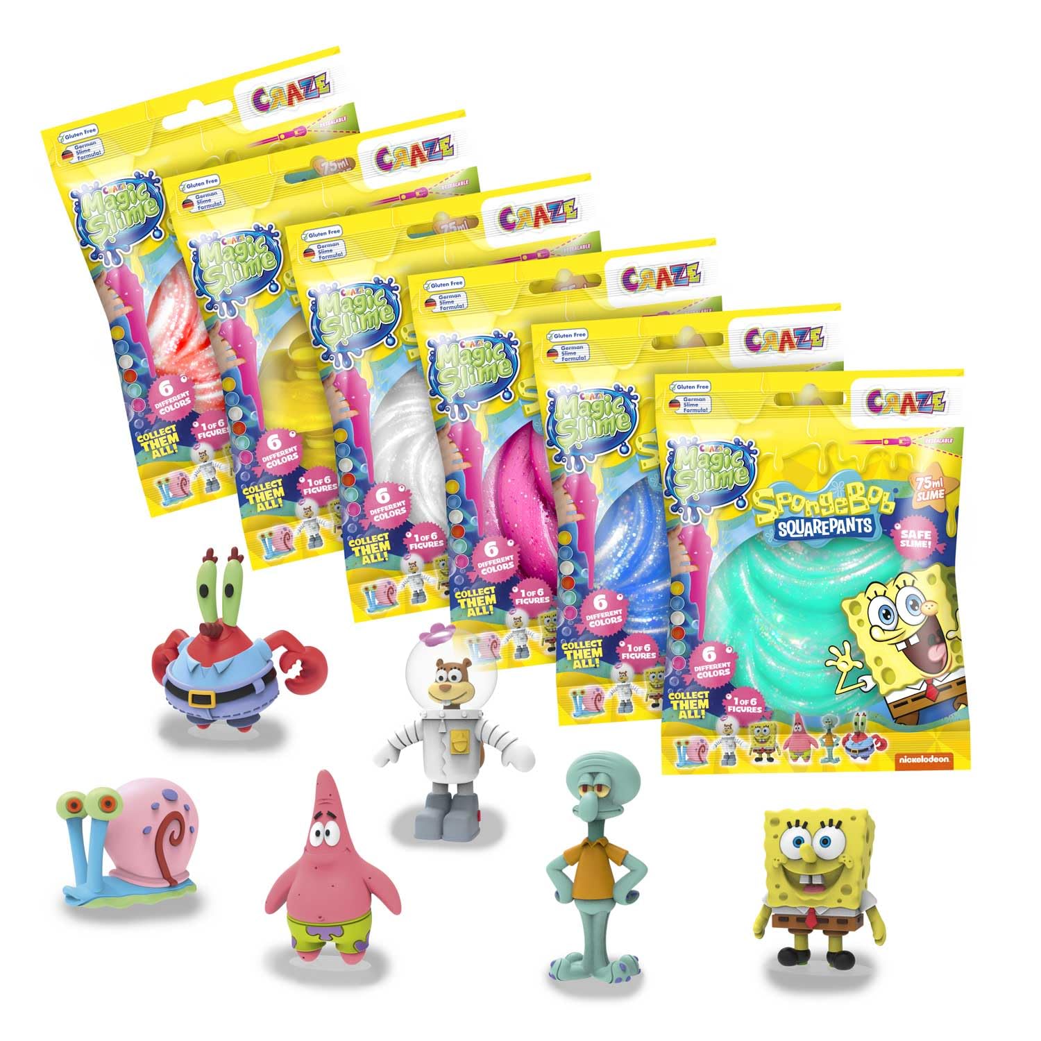 CRAZE Magic Slime Bag Surprise Bundle of 6 – SpongeBob SquarePants Slime Set, Colourful Non-Sticky Slime for Kids with 6 Mystery Figures
