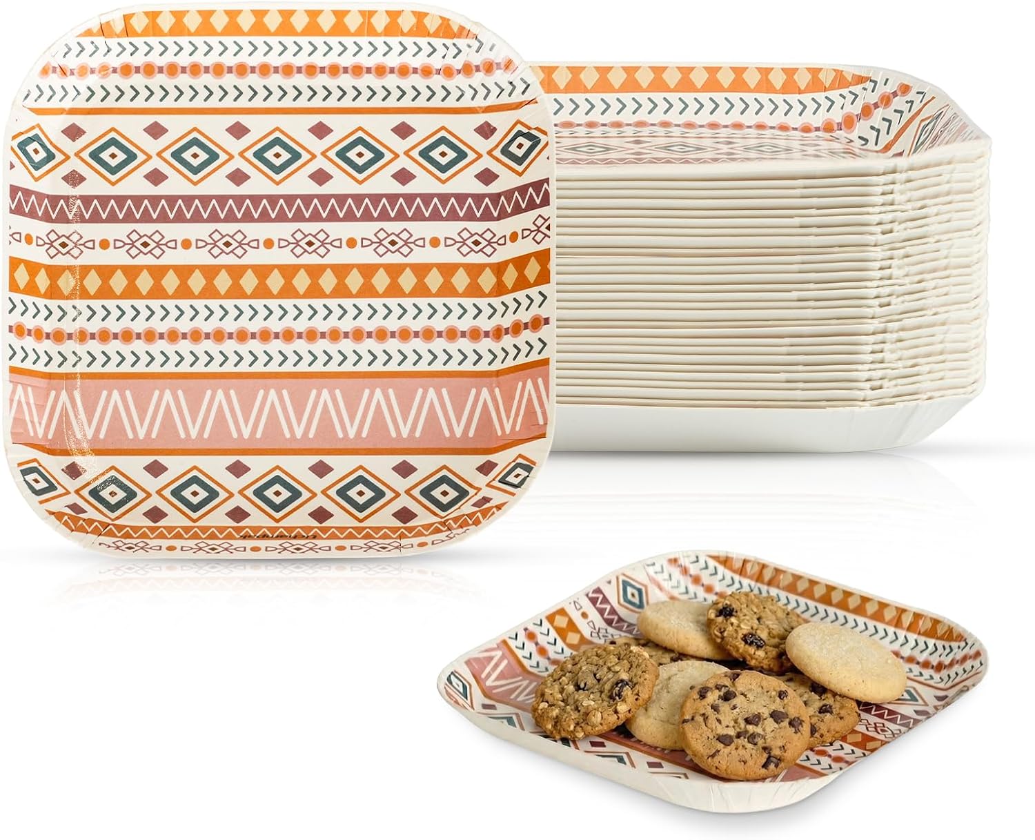 30 Pcs Small Paper Plates, 5 Inch Disposable Dessert Plates, Mini Square Paper Plates Microwave-Safe, Soak-Proof and Printed for Birthday Party and Everyday Meals (Bohemian Yellow)
