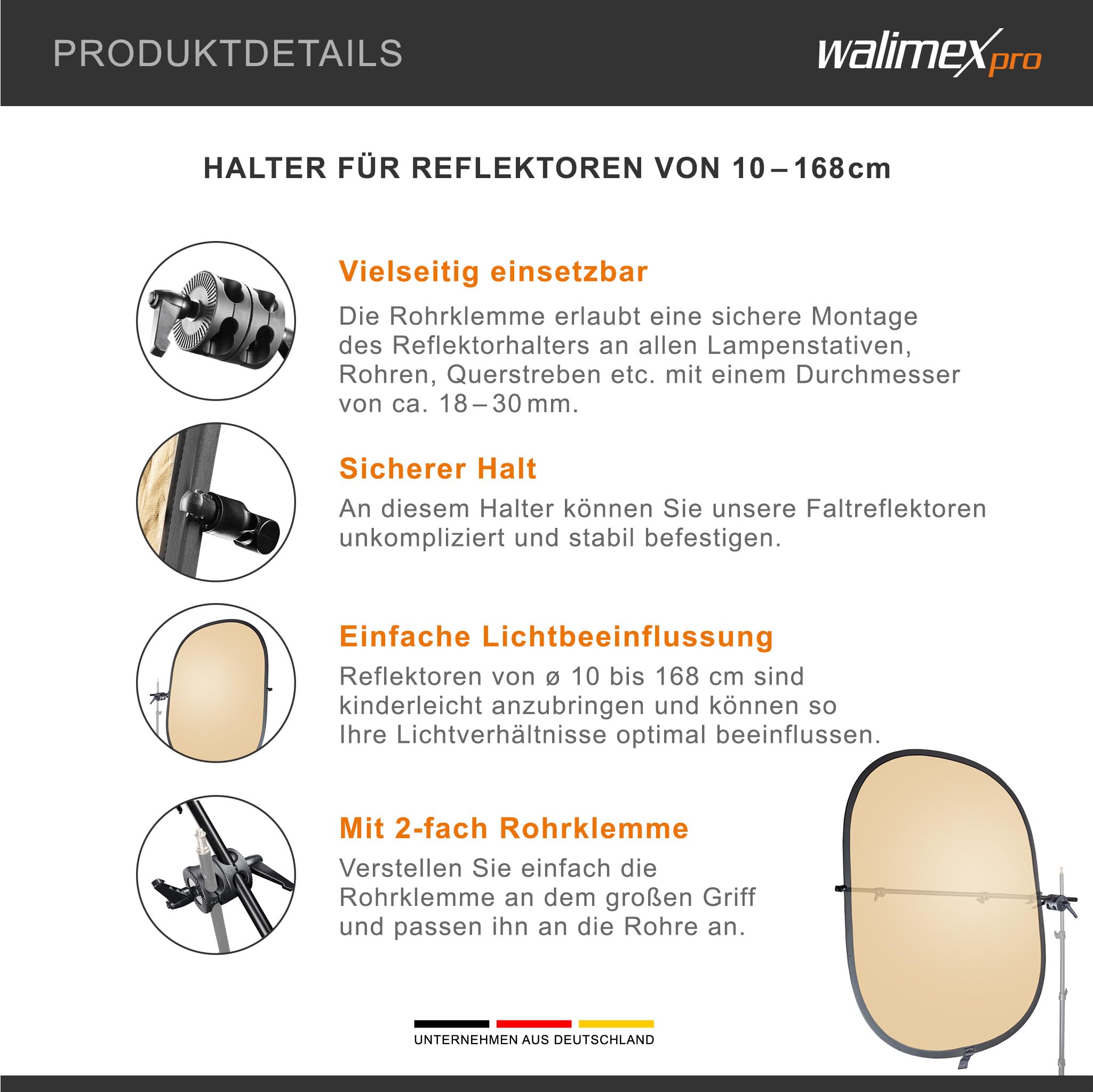Walimex Support de réflecteur, 10-168 cm (collier de serrage double)