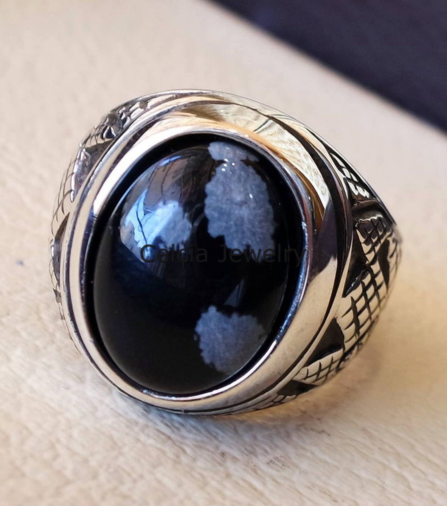 Bellissimo anello ossidiana fiocco di neve, gioielli fatti a mano attraenti per uomo, anello di dichiarazione, regali per la festa del papà, anello ossidato argento (ossidiana fiocco di neve)