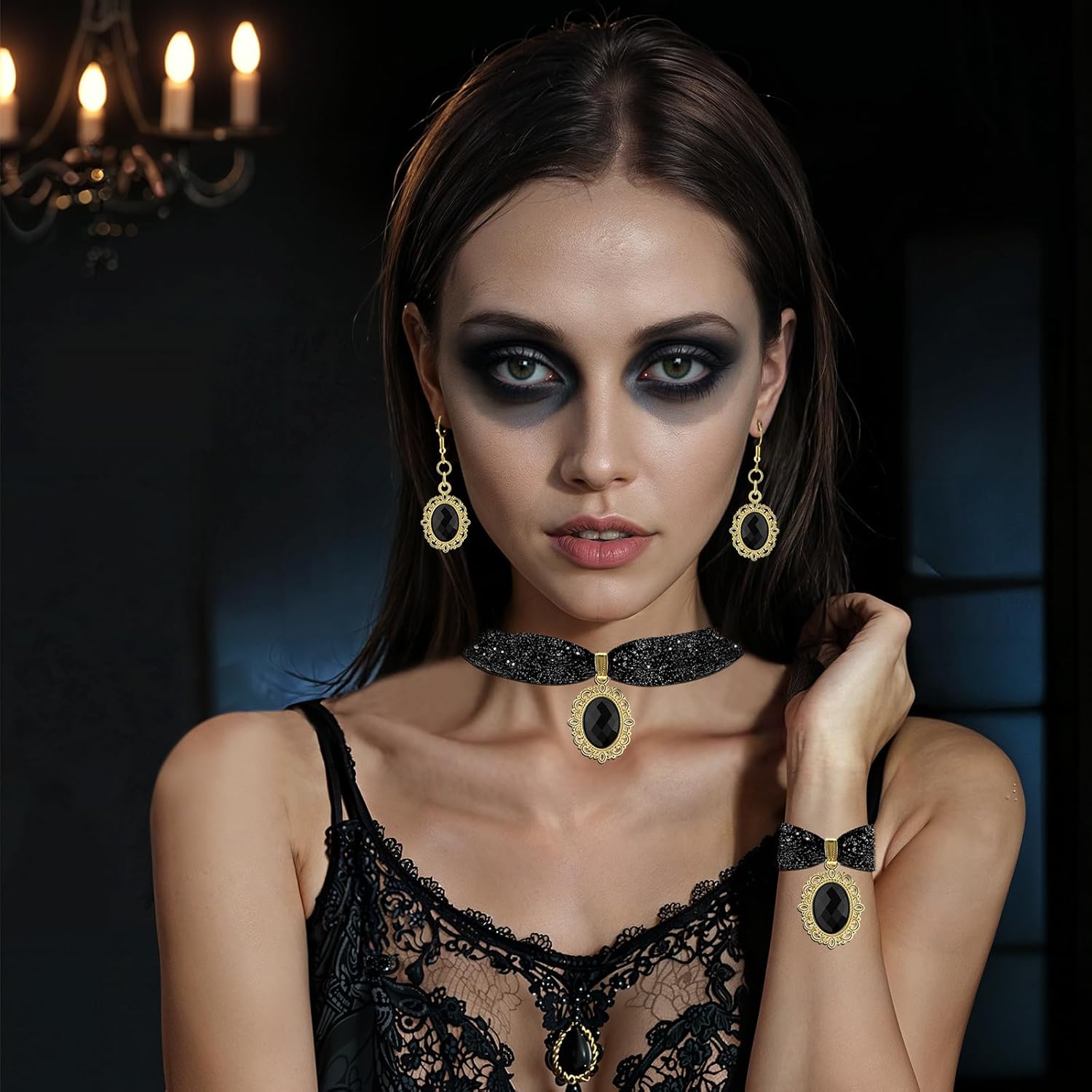 Plated Sapphire Imitation Velvet Choker Necklace for Women Jewelry Earrings Bracelet Kit Birthstone Chocker Vintage Pendant Necklaces Chockers Teen Girl Princess Gift Christmas Gothic Masquerade Decor - Image 2