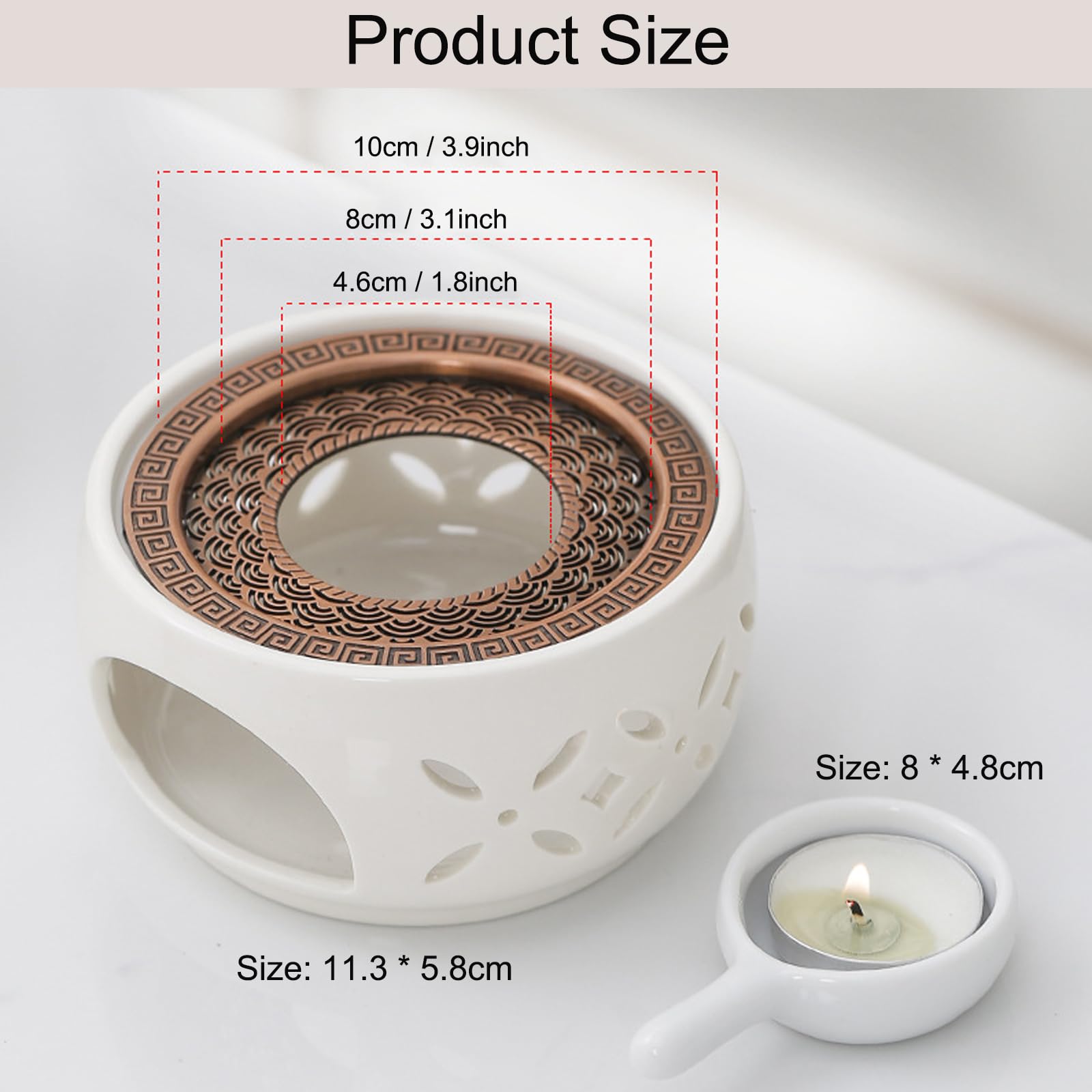 Calentador de Tetera de Porcelana con Portavelas y Tapete, Diseño Tallado Hueco para Té, Leche, Café (Flores)