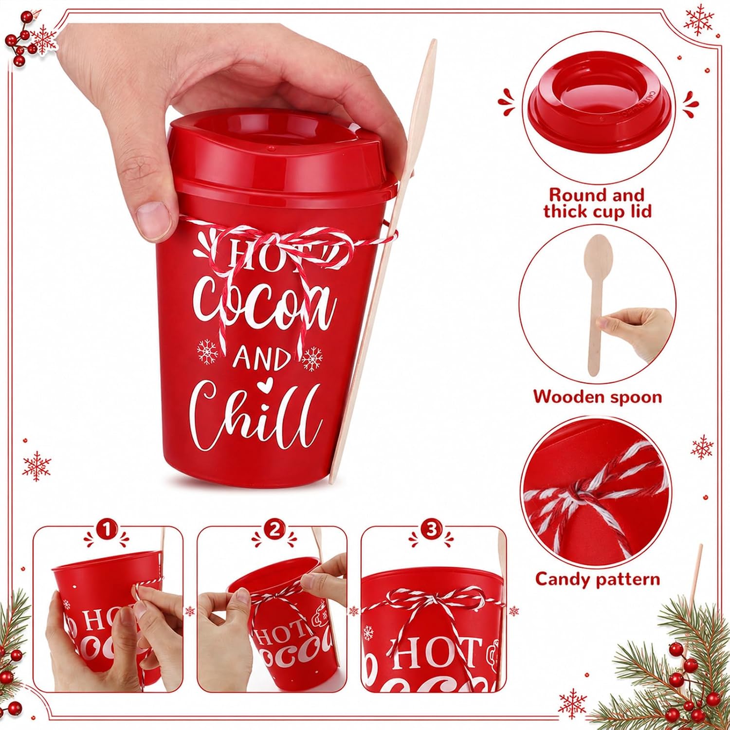 Bokon 24 Set Plastic Hot Chocolate Coffee Cups Christmas Party Favor Gift 12 oz Reusable Hot Cocoa Cup with Wooden Spoon Rope for Guest Christmas Party Supplies Cocoa Bar Kit Xmas Thank You Decoration image 3