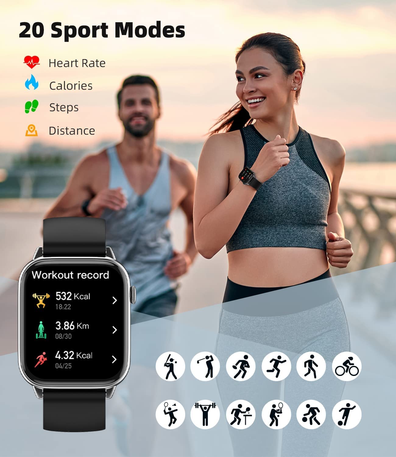 SOUYIE Inteligentny zegarek z funkcją połączenia Bluetooth, ekran dotykowy HD o przekątnej ekranu 1,7 cala, monitor aktywności fitness, krokomierz, pomiar tętna, krokomierz, wodoodporny smartwatch