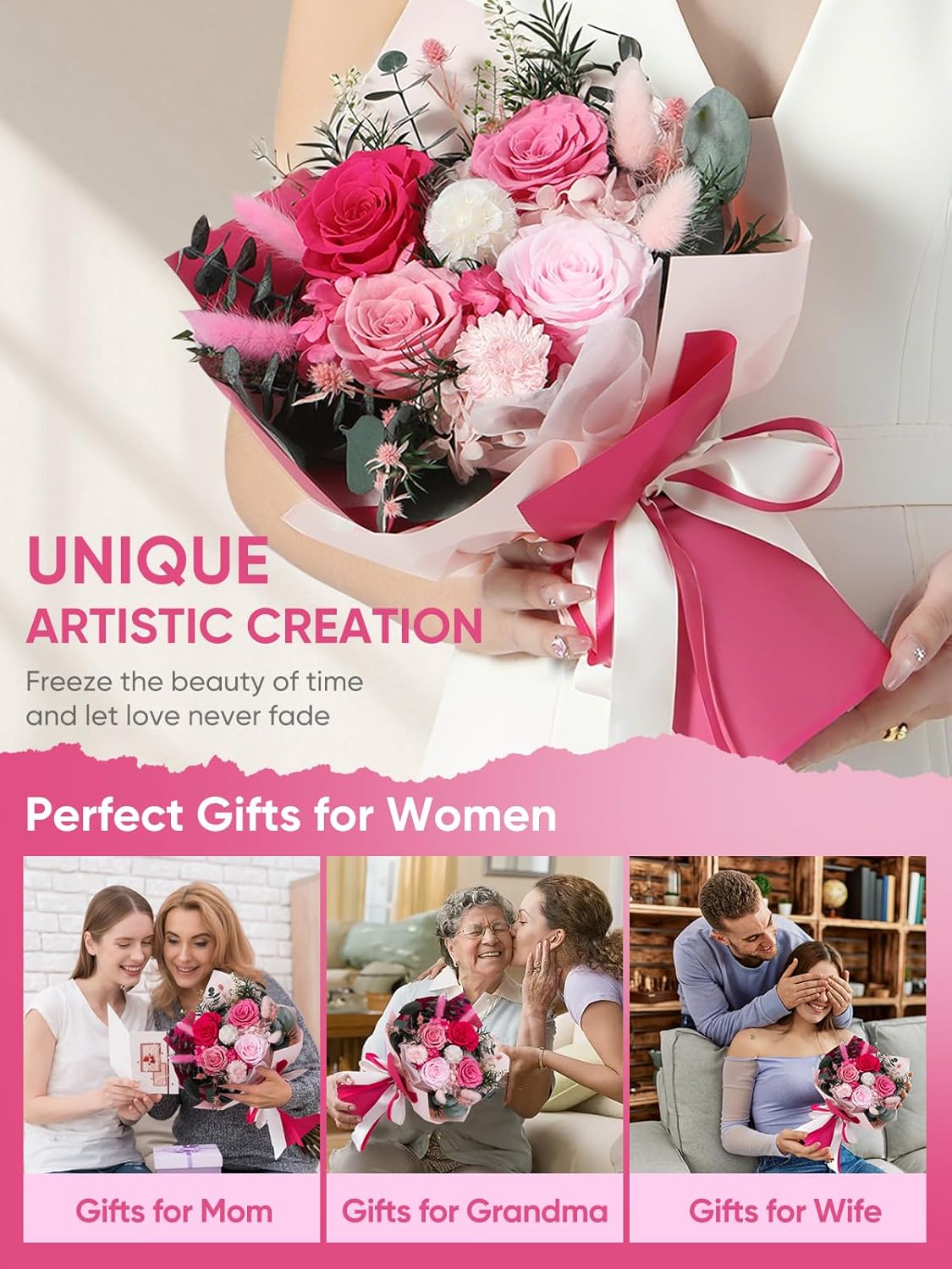 Bessol Flowers for Delivery Preserved Flower Bouquet Forever Fresh Flowers Birthday Gifts for Women Mom Anniversary Pink Real Rose Gifts for Grandma Wife Girlfriend Sister Her from Daughter Home Decor - Image 4
