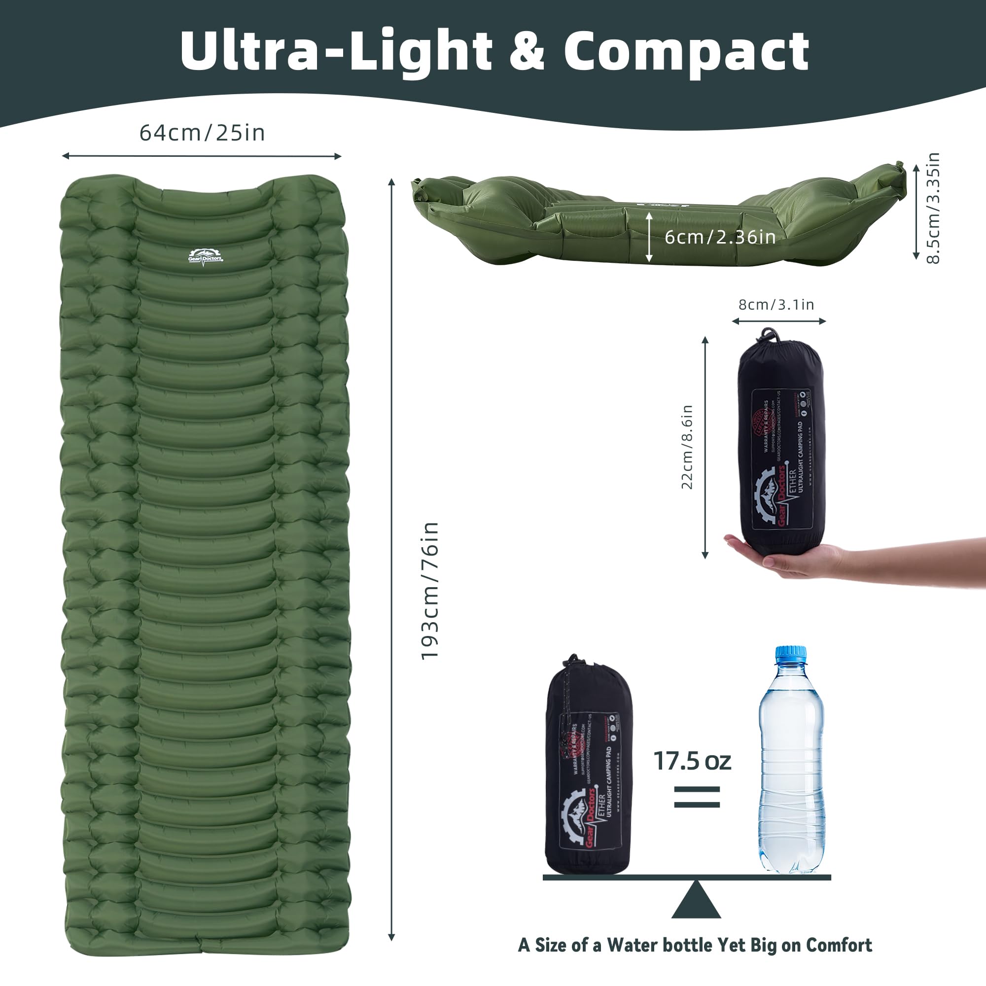 GearDoctors® Ether Ultralight Sleeping Pad 17.5oz – Compact Camping Air Mattress – Inflatable Sleeping Mat for Backpacking, Hiking, Tent, Outdoor Travel