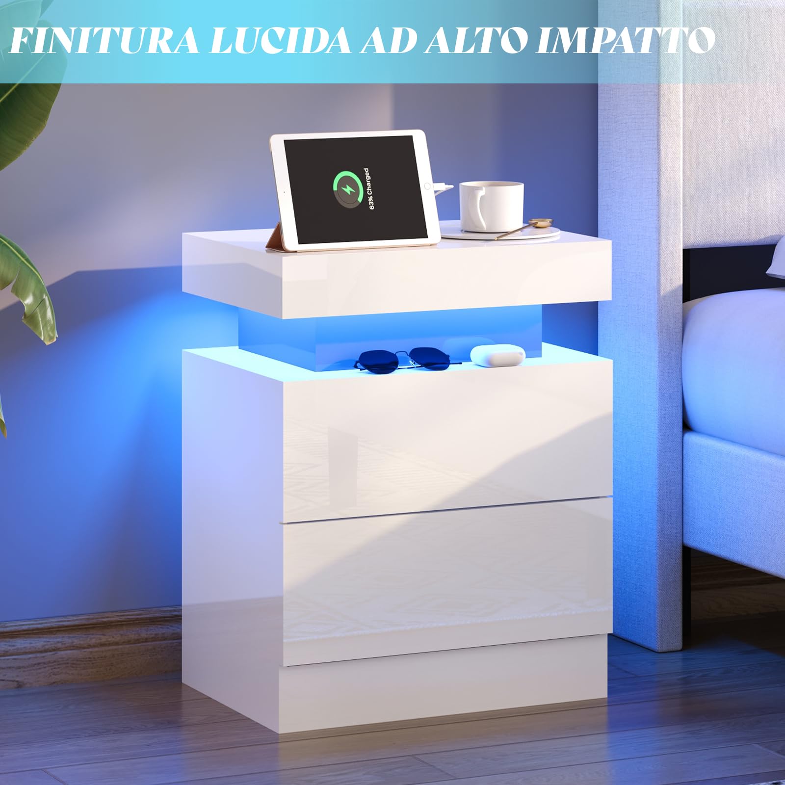 LUXOAK Juego de 2 mesitas de noche brillantes con LED y estación de carga, modernos armarios de noche con 2 cajones, mesa auxiliar blanca para dormitorio y salón, 58 x 40 x 35 cm