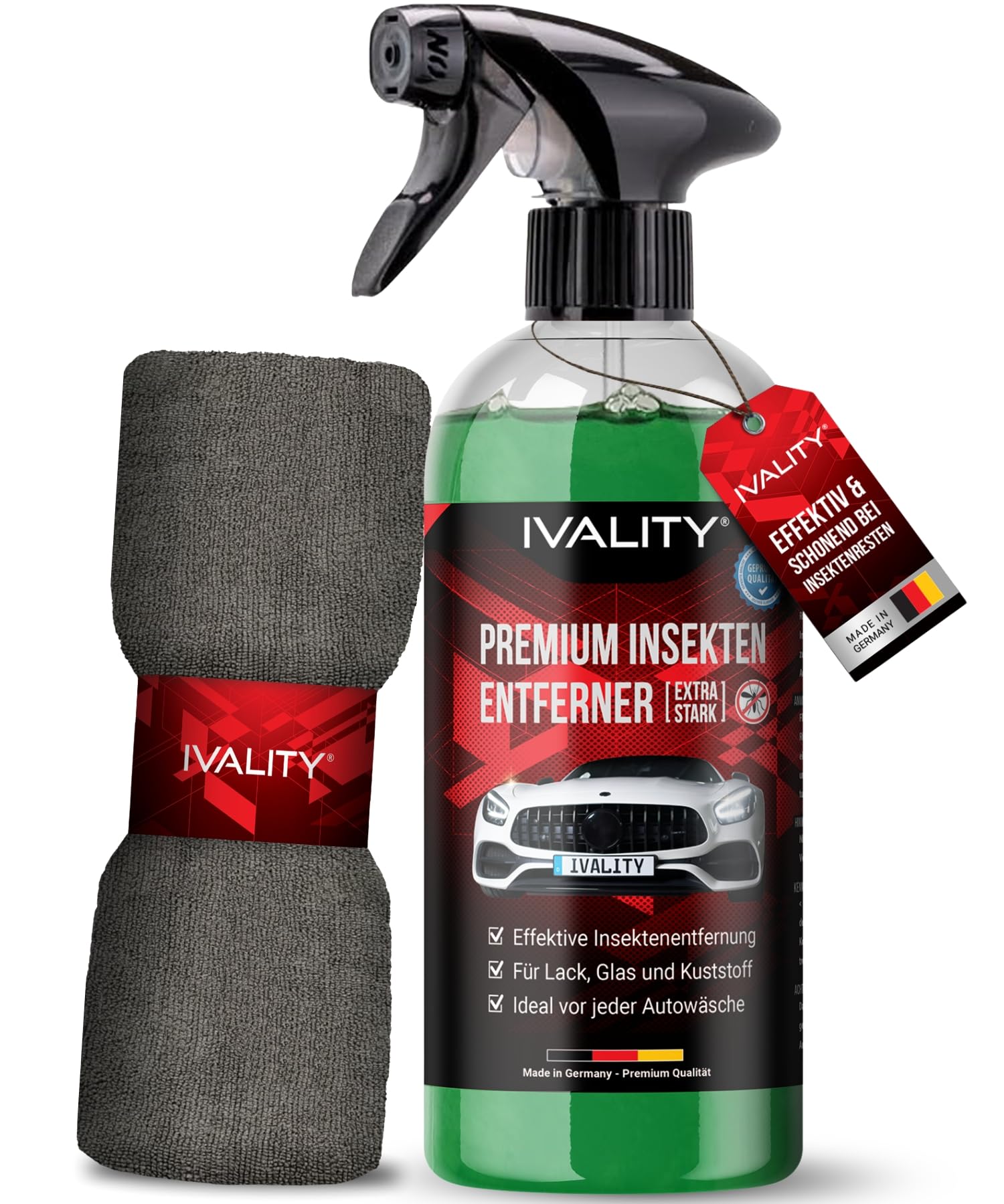 IVALITY® Insektenentferner für Auto 750ml – Sicher und effektiv gegen hartnäckige Insektenrückstände – Insektenreiniger für Auto, Wohnmobil und Motorrad – Flugrostentferner mit Mikrofasertuch