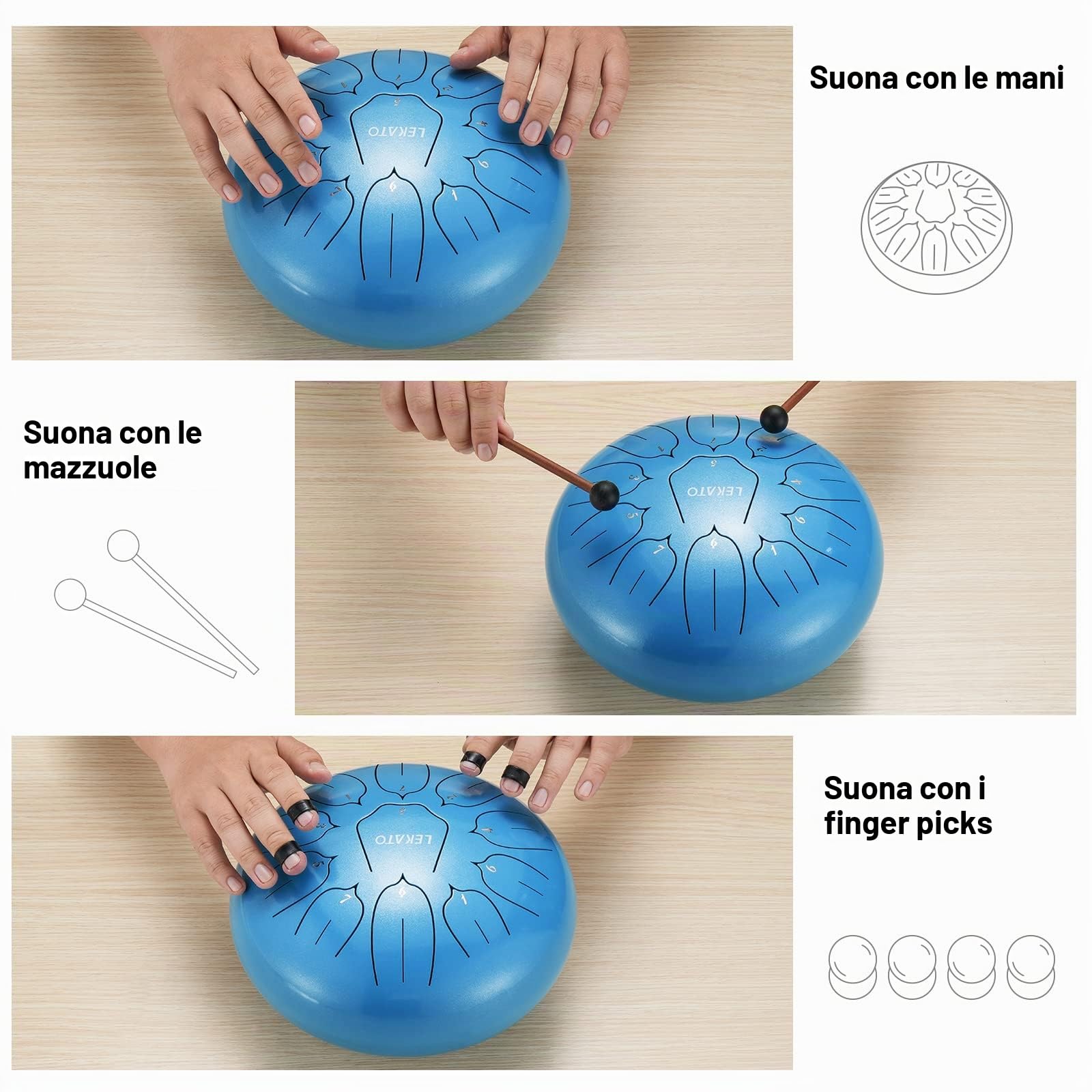 LEKATO Steel Tongue Drum 10 Pollici 11 Toni, Tamburo in Acciaio Handpan Strumento a Percussione per Prestazione Meditazione Yoga con Borsa per Il Trasporto Bacchette