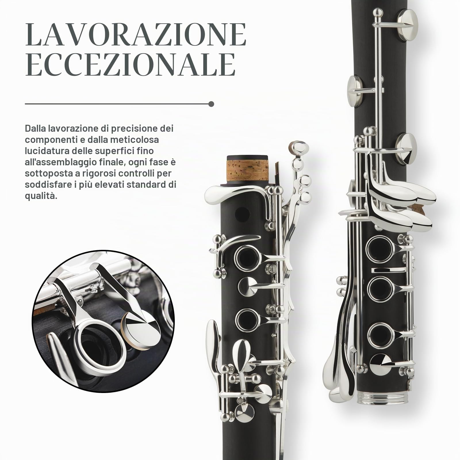 SONICAKE Bb Clarinetto per Principianti Intermedi, Clarinetto in Ebonite Placcato Argento con Barilotti, Ance, Bocchino Originale, Custodia Rigida QCR-11
