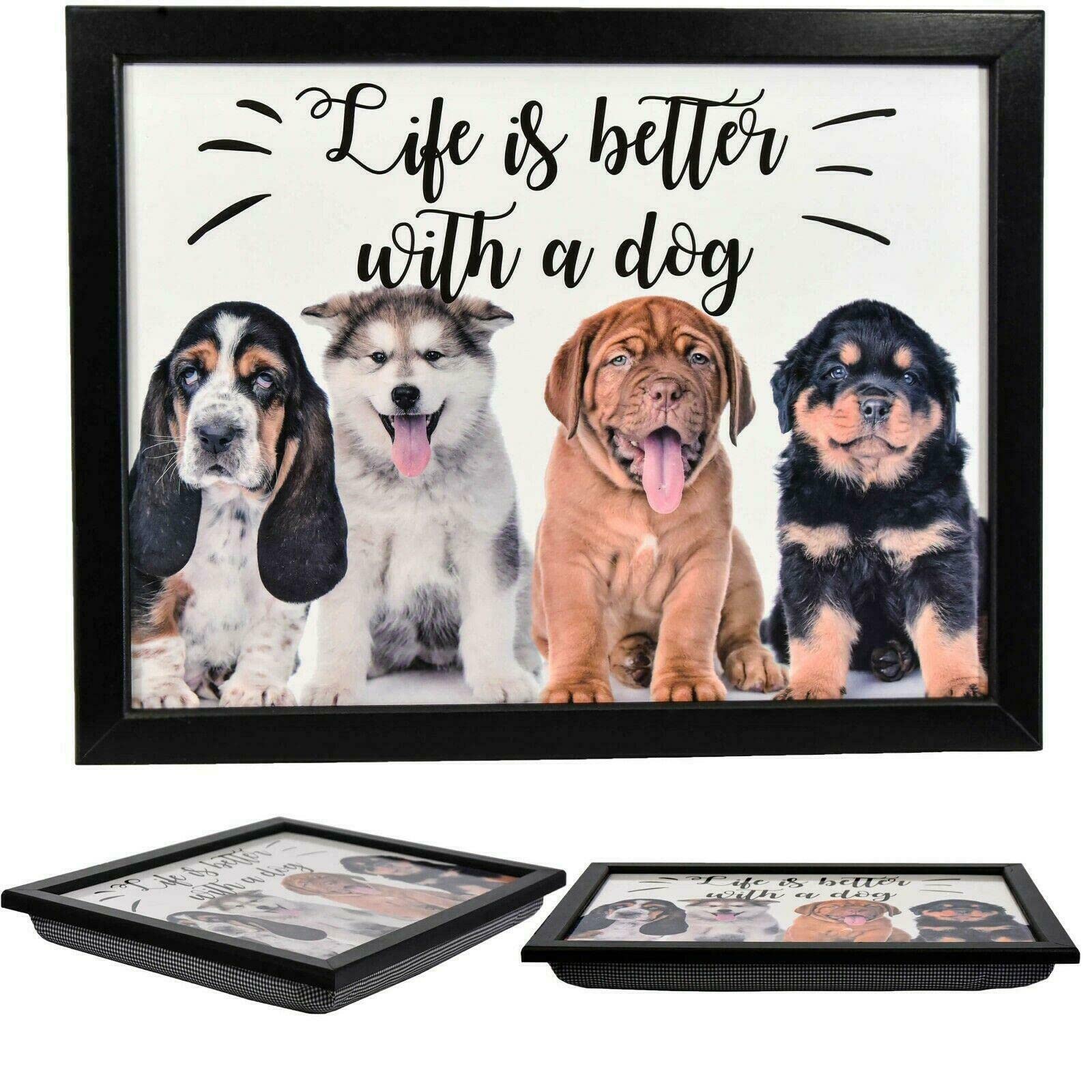 MTS Wooden Lap Tray with Bean Bag Cushion - Padded Table Puppies Design | Soft padded base moulds to legs. Generous 44x34cm top holds plates, laptops or crafts. Eat or work on sofa in front of TV.
