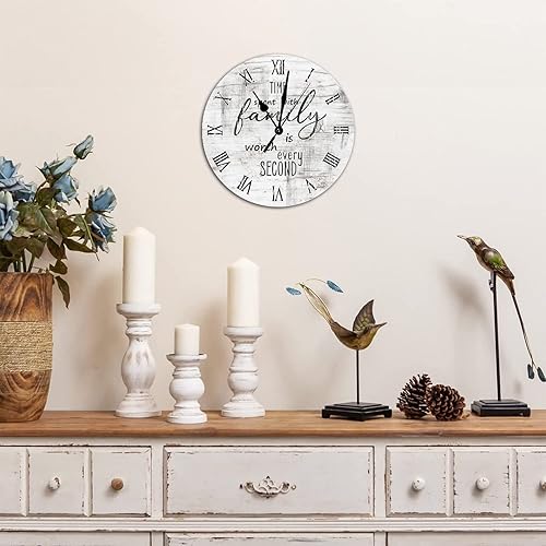 Miniatura 3 de Reloj de pared redondo de madera rústica de 10 x 10 pulgadas citas familiares el tiempo pasado con la familia vale la pena cada segundo silencioso