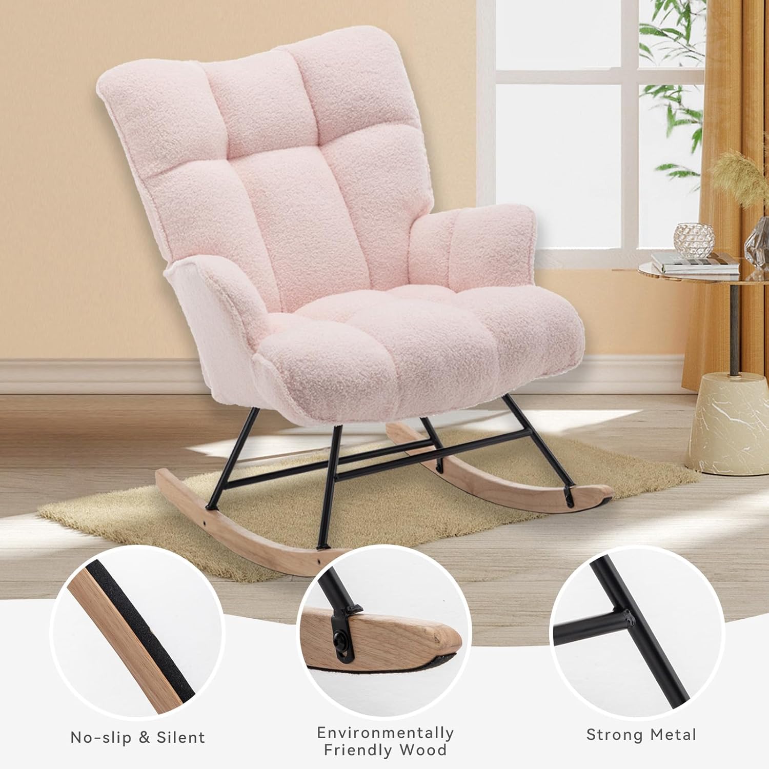 Rocking Chair Nursery Teddy, Upholstered Baby Fluffy Glider Rocker for Adults Indoor, Comfy Sherpa Compact Nursing Chairs for Small Spaces, Living Room, Classroom, Bedroom, Pink