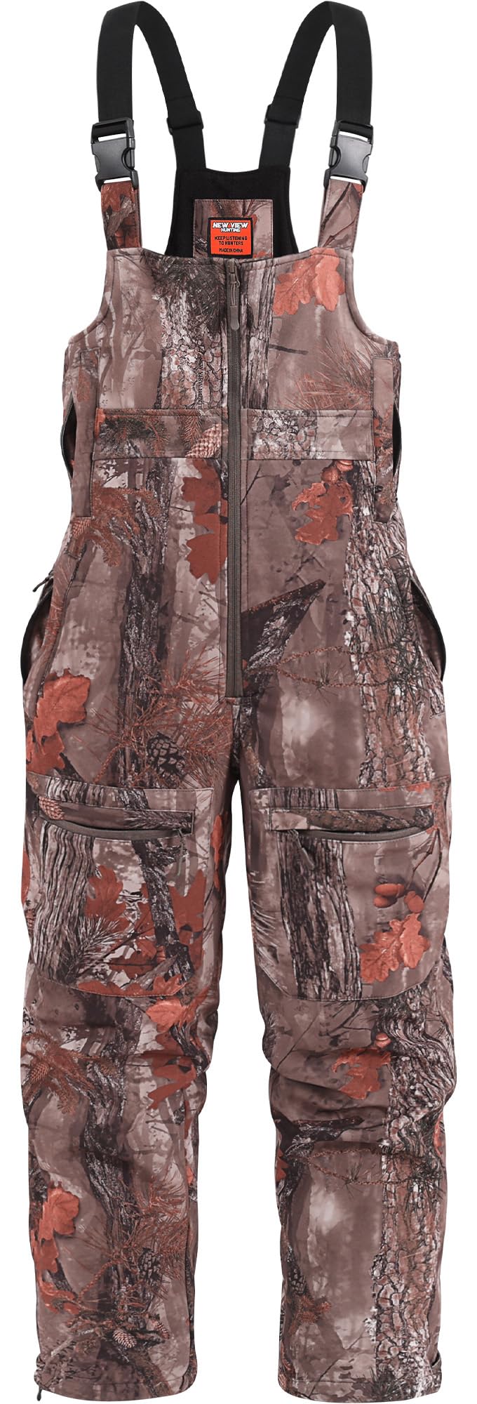 NEW VIEW Insulated Hunting Bibs for Men, Silent Camo Overalls with Fleece Lining, Water-Resistant Camo Bibs Hunting Overalls