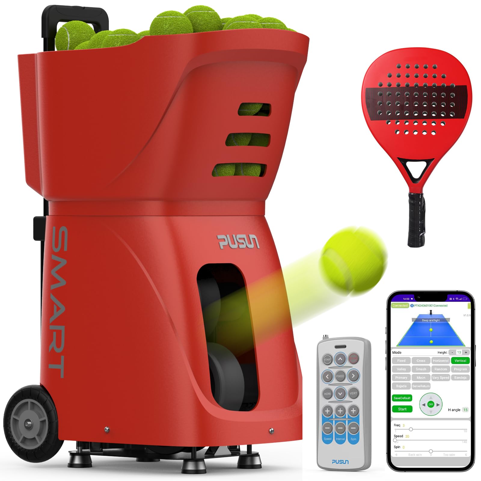 PUSUN Padel-Smart-Máquina Lanzapelotas de Pádel Profesional | Control App Remoto | 20 Puntos 12 Modos de Entrenamiento | Velocidad hasta 120km/h | 4-6 Horas de Batería