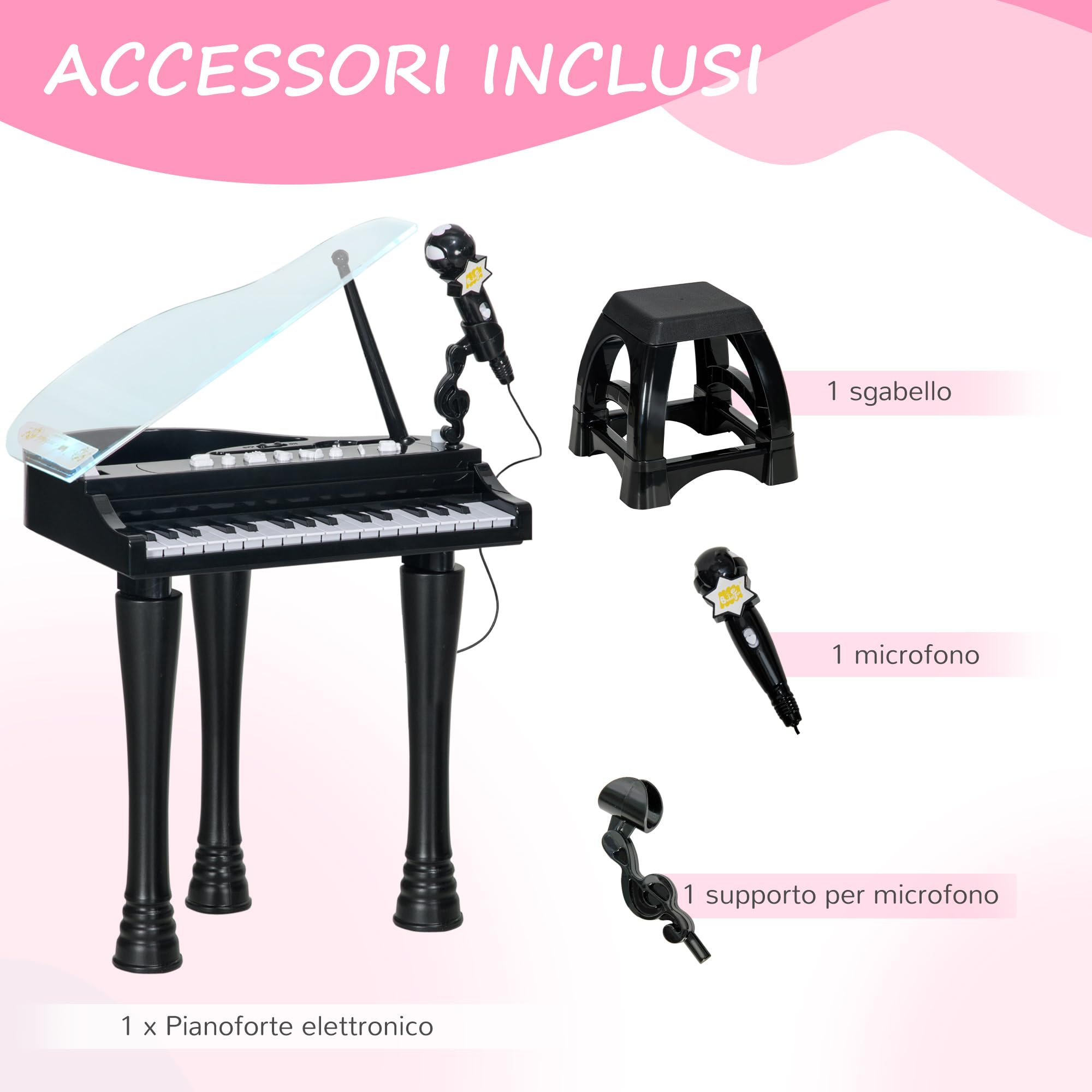 AIYAPLAY Pianoforte per Bambini a 32 Tasti con Microfono e Musiche Nero | Con Sgabello, Tastiera Pianoforte Giocattolo, Gambe Rimovibili