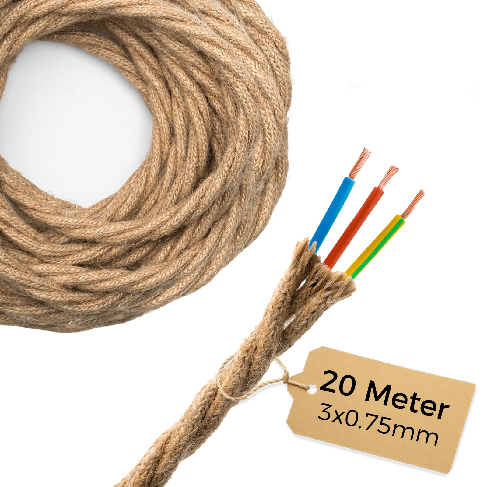 DiCUNO Textilkabel, Leinenoptik 20M, 3-adrig, Vintage, DIY, 1er Pack