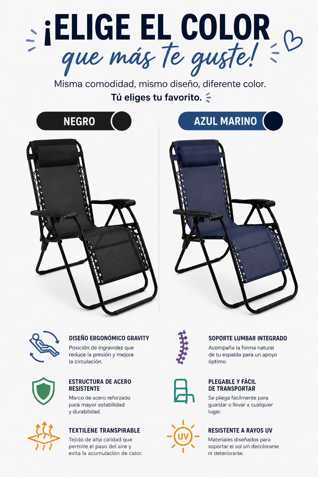 Creaciones Llopis ARW Silla Hamaca Plegable Gravity para Exterior con Cojín, Tumbona Reclinable para Jardín, Piscina, Terraza, Playa, Estructura de Acero, Tejido Transpirable, 158x63x106 cm, Negro