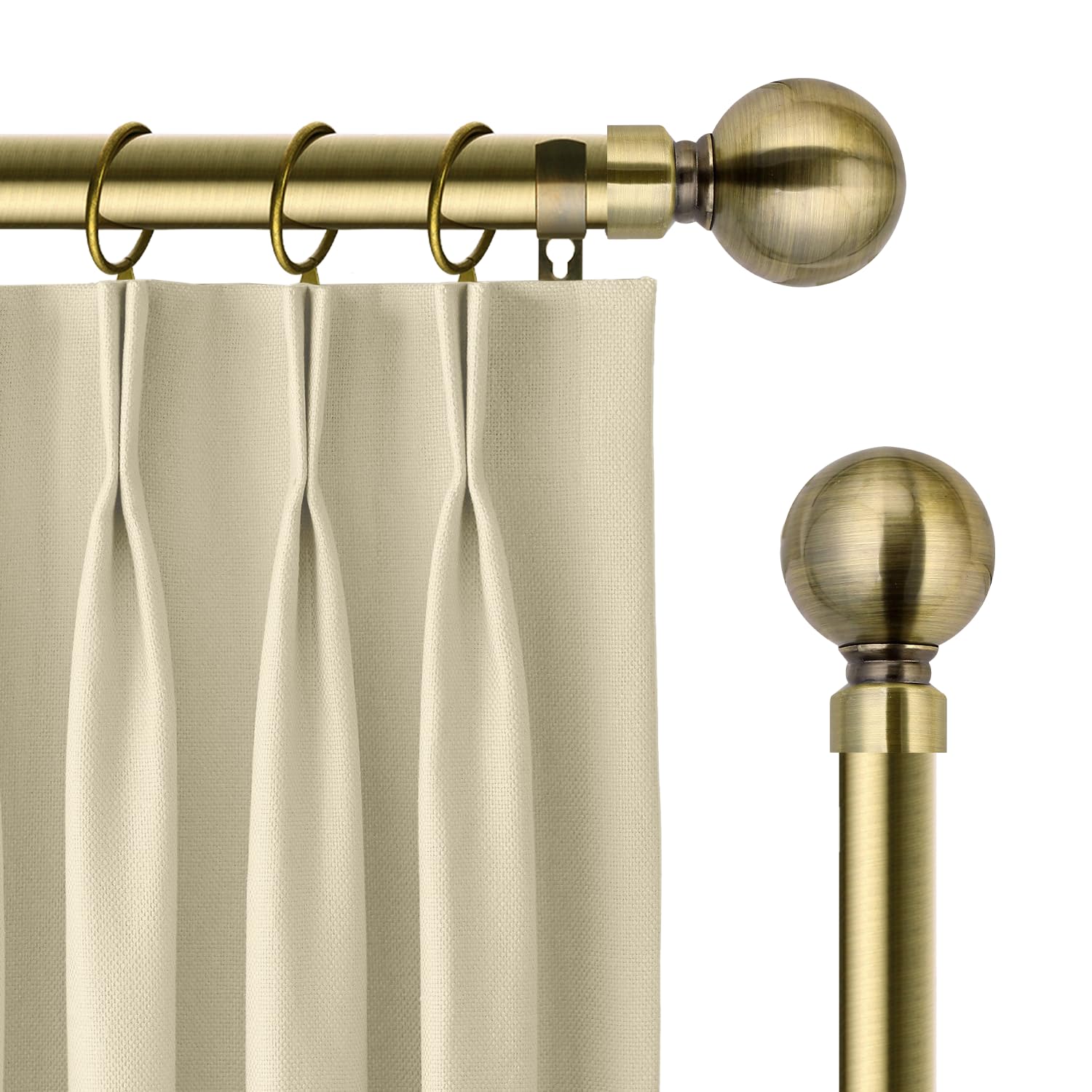 Yorkshire Bedding Curtain Poles Metal Extendable Plain Ball Curtain Pole Set Includes Adjustable Curtain Rod, 60mm Finial, Rings, Brackets and Fittings Set (Antique Brass, 160-300 Cm, 63-118 Inches) — image 1
