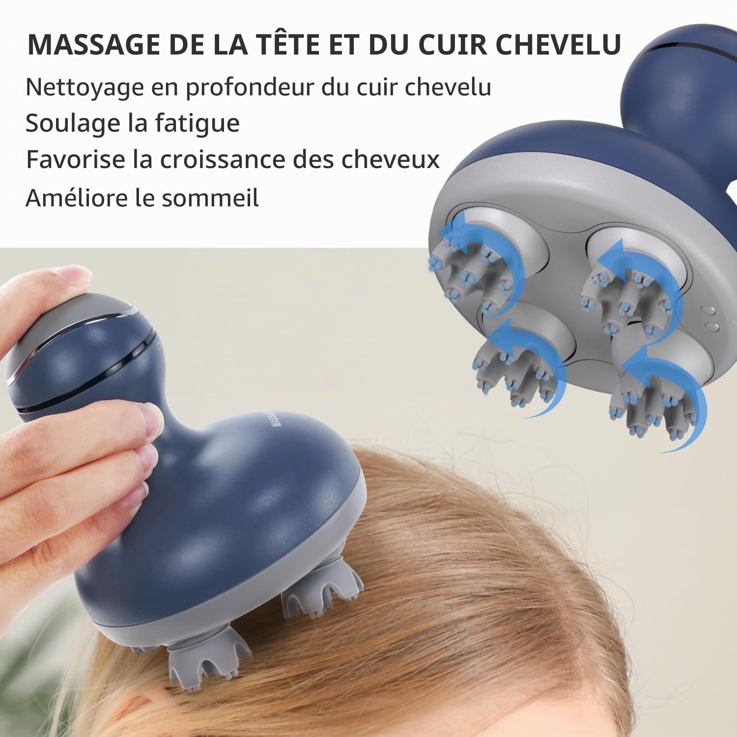 cotsoco Masseur électrique pour cuir chevelu - Étanche - 4 têtes - 84 nœuds - Pour la croissance des cheveux et le relâchement du stress - Bleu