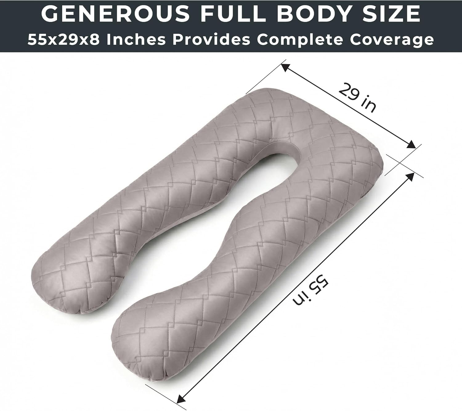U Shaped Body Pillow for Side Sleepers Full Body Support Pillow for Back Pain Relief & Recovery Quilted Microfiber Cover Firm Long Pillow Full Body Maternity Pregnancy Pillow 55 Inches Gray