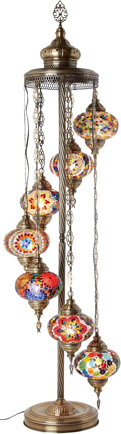 DEMMEX - 7 Large Globes Turkish Moroccan Mosaic Floor Lamp, Tiffany-Style Bohemian Standing Lamp, 5-Foot Tall, 7-Inch Handcrafted Globes, Boho Floor Lamp for Living Room, Bedroom, Office, Multicolor