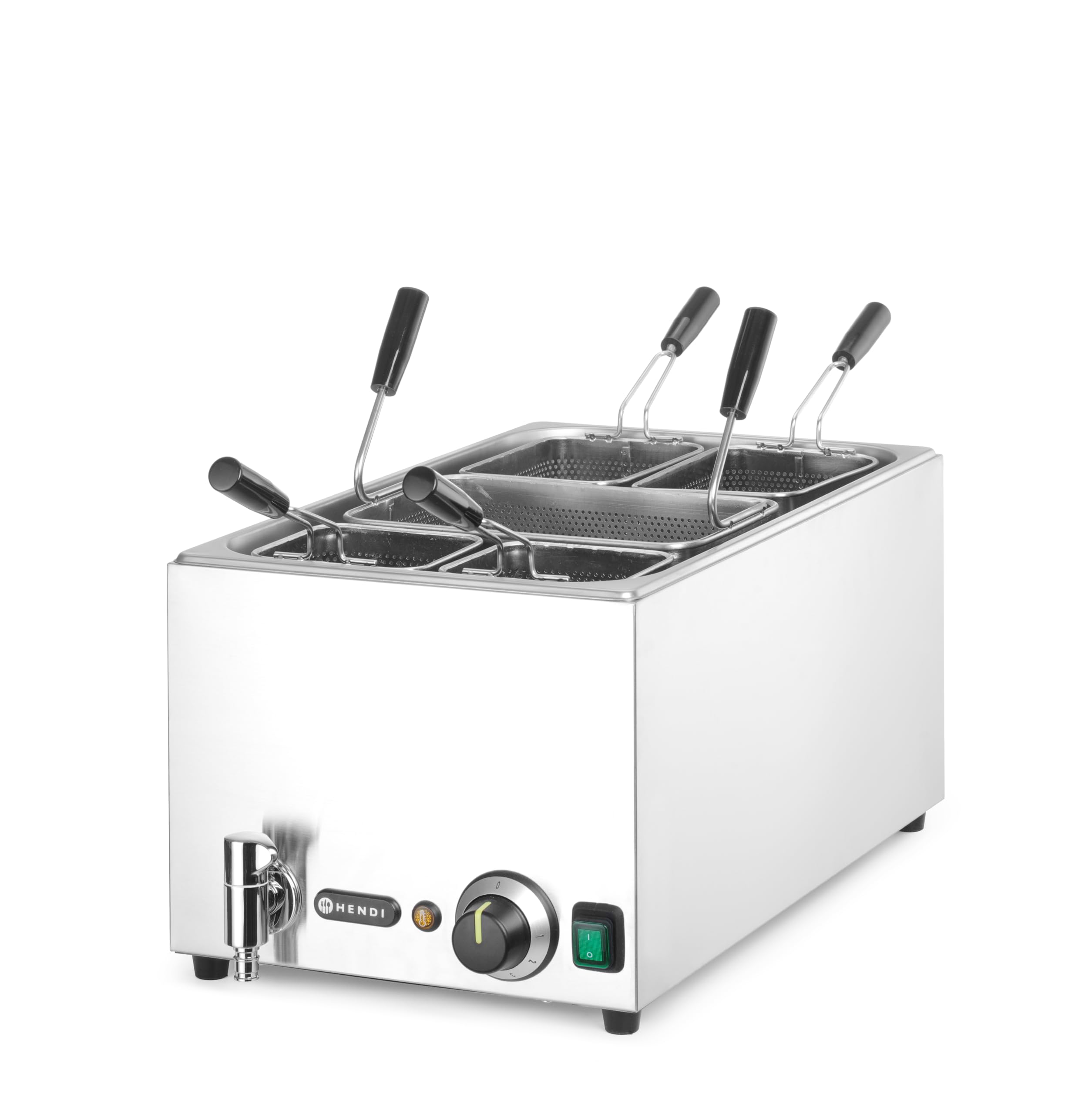 HENDI Cuocipasta Professionale 25 L con 5 Cestelli, Termostato 45–110°C, Rubinetto di Scarico con Blocco Meccanico, 230V/3500 W, 601x326x(H)279mm, Acciaio Inossidabile
