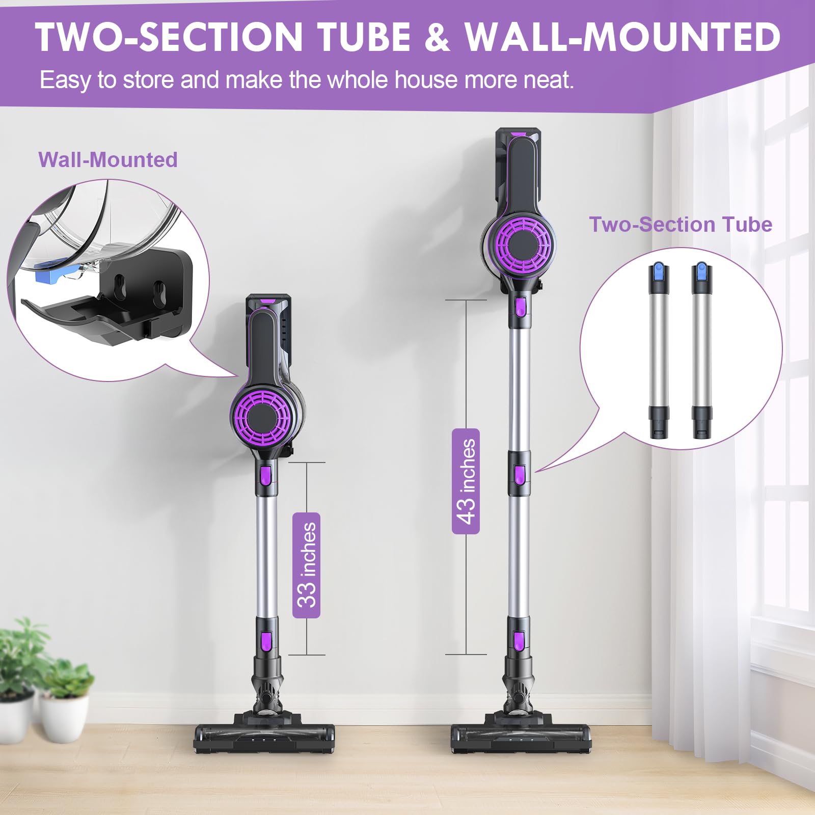 EICOBOT Cordless Vacuum Cleaner,20000Pa Powerful Cordless Vacuum,35 Mins Runtime,Detachable Battery,1.5L Dust Cup,6 in 1 Lightweight Quiet Stick Vacuum Cleaner for Hardwood Floor Pet Hair,Car,Purple