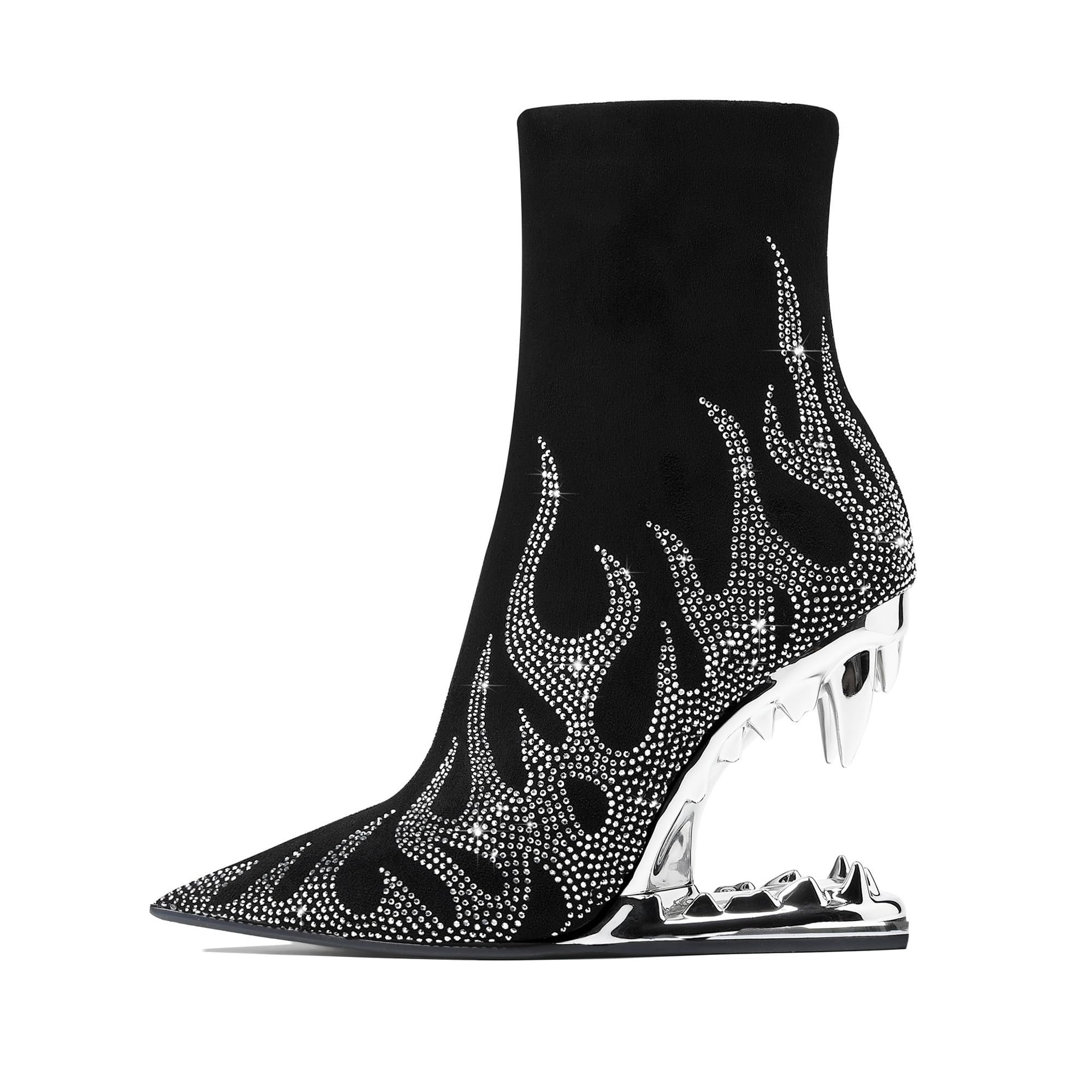 Goiphrri Ankle Boots for Women Flame Rhinestone Booties Shark Teeth Fall Boots Sparkling Black Heeled Booties for Women