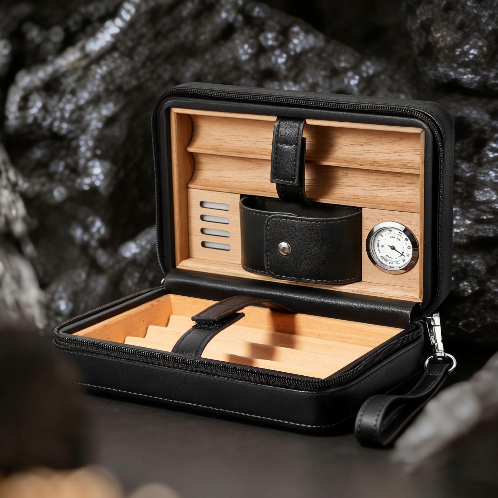 Lederetui aus Zedernholz, Reisebox mit Hygrometer, Kapazität: 6 Stück, Draw Enhancer Tool, Geschenke für Männer (Schwarz)