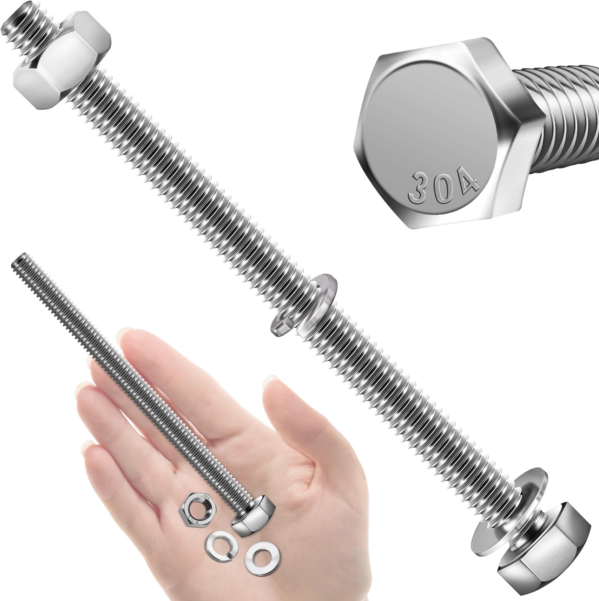 Mywish (10 Sets) 1/4-20x4 Hex Head Assorted Screws Nuts and Bolts with Flat & Lock Washers, 304 Stainless Steel 18-8, Fully Threaded, 1/4 Bolt Metric Bolt Assortment