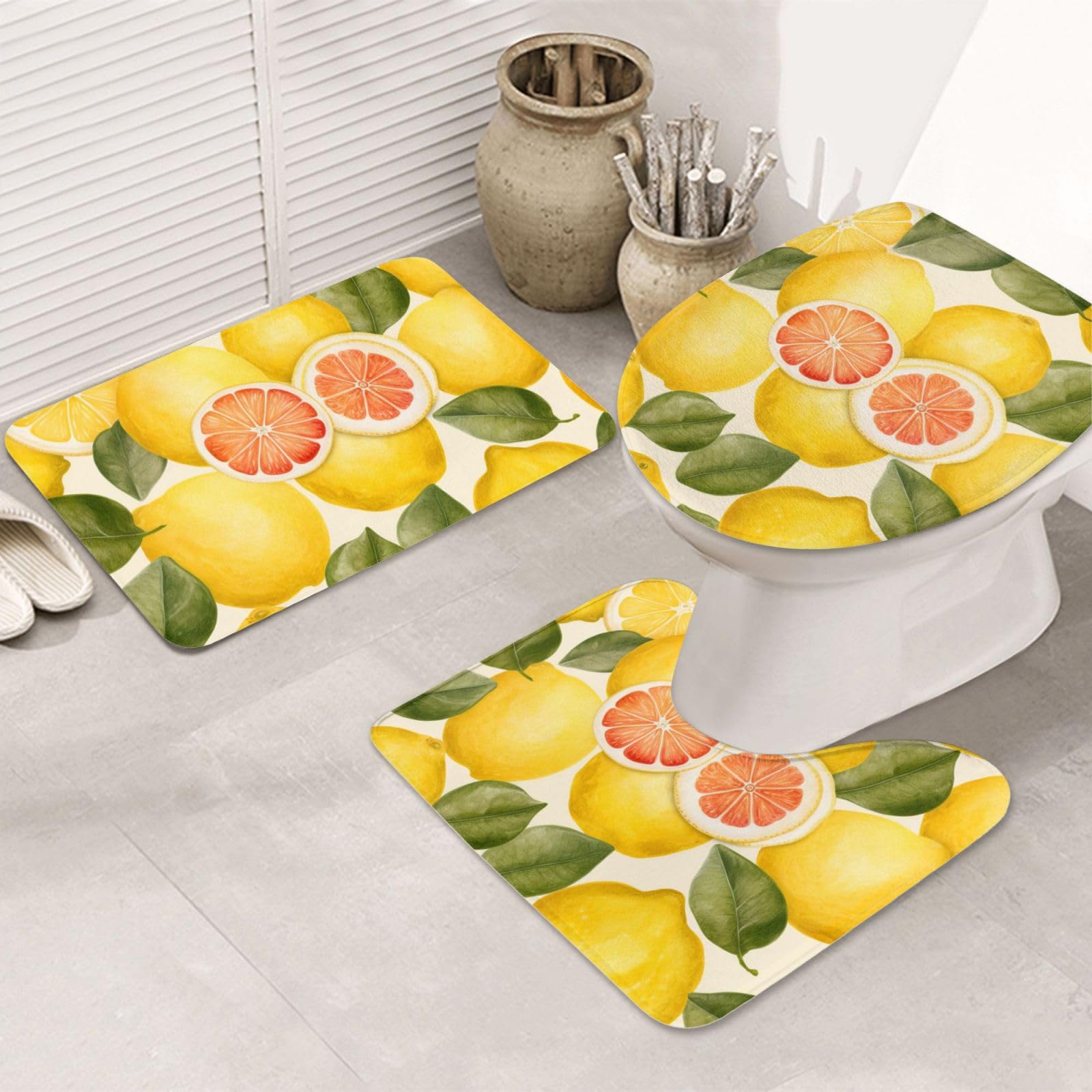 Tapis de bain citron lot de 3 antidérapant et absorbant en flanelle douche
