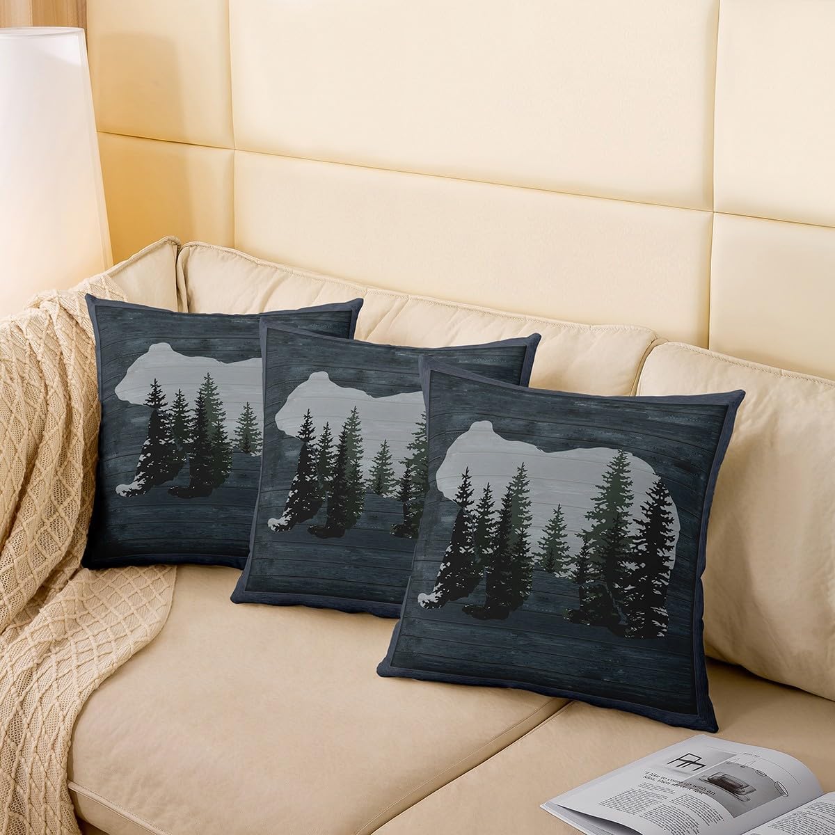 Rustic Bear Throw Pillow Covers 22"x22" Set of 2 Farmhouse Wild Animal Throw Pillowcases for Rustic Cabin Country Pillow Cases Cushion Covers Nature Bear Western Farmhouse Navy Blue Cushion Cases