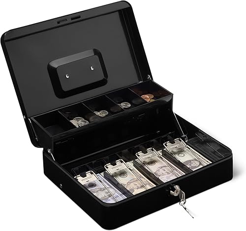 Tienda Basics Caja de efectivo con llave de bloqueo y bandeja organizadora de dinero, 3.54 pulgadas de alto x 11.81 pulgadas de ancho x 9.45