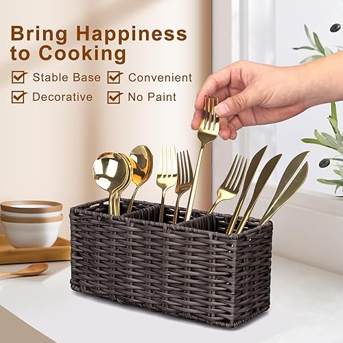Miniatura 2 de Ayiaren Cubertería de mimbre para cubiertos, soporte para utensilios de cocina marrón para encimera, organizador de cubiertos, contenedores de