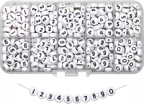 Melius 500 Cuentas de Números Acrílicas en Caja de 10 Compartimentos para Hacer Joyas, Collares DIY, Llaveros, Pulseras (Caja 4x7mm, Blanco)