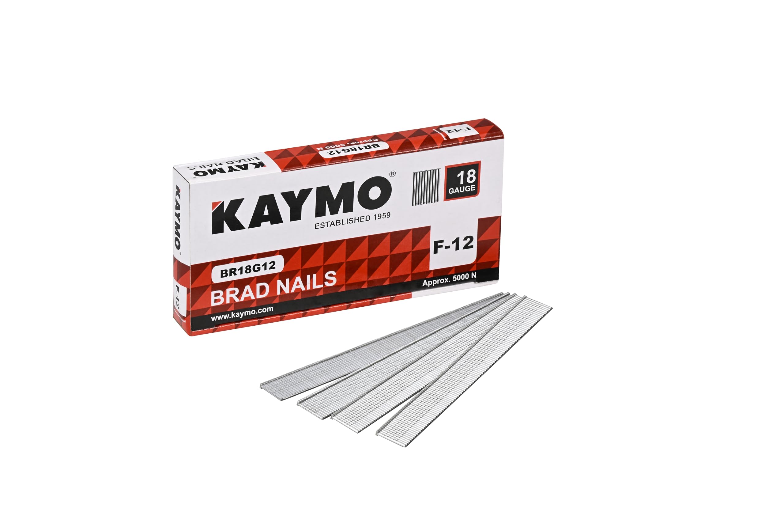 Kaymo F-Series 18G Brad Nails 12 mm - 5000 Nails | Heavy-Duty Steel Fasteners for Woodwork, Modular Kitchens, MDF, Canvas Art, Construction | High Precision | Compatible with Kaymo Brad Nailers