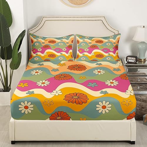 Miniatura 4 de Juego de sábanas de flores de primavera, tamaño matrimonial, para niñas, mujeres, niños, coloridas ondas geométricas, juego de ropa de cama botánica