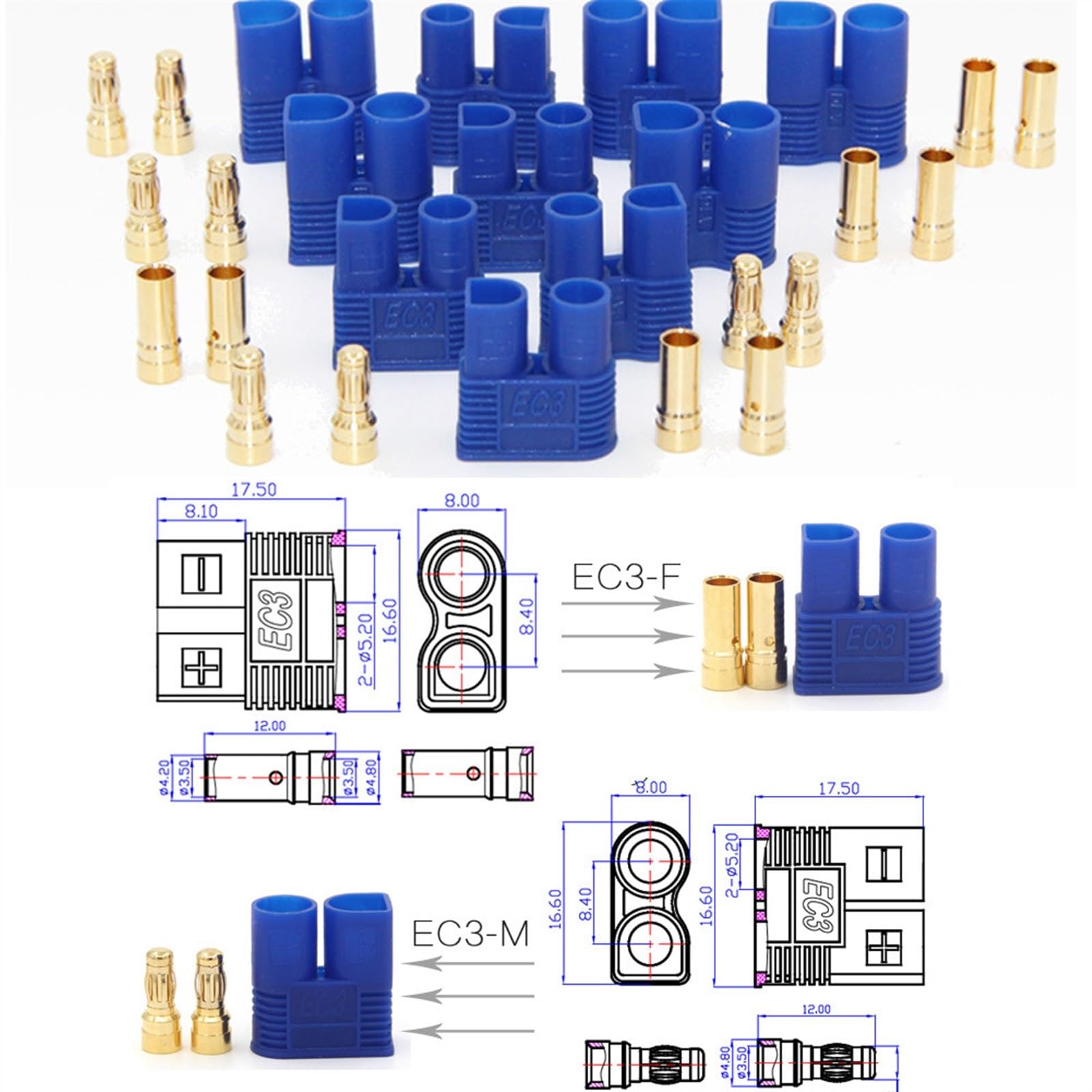 Connecteur de Balle EC2 EC3 EC5 mâle Femelle, 100 Paires, Prise à tête Banane 2.0MM 3.5MM 5.0MM(EC5)