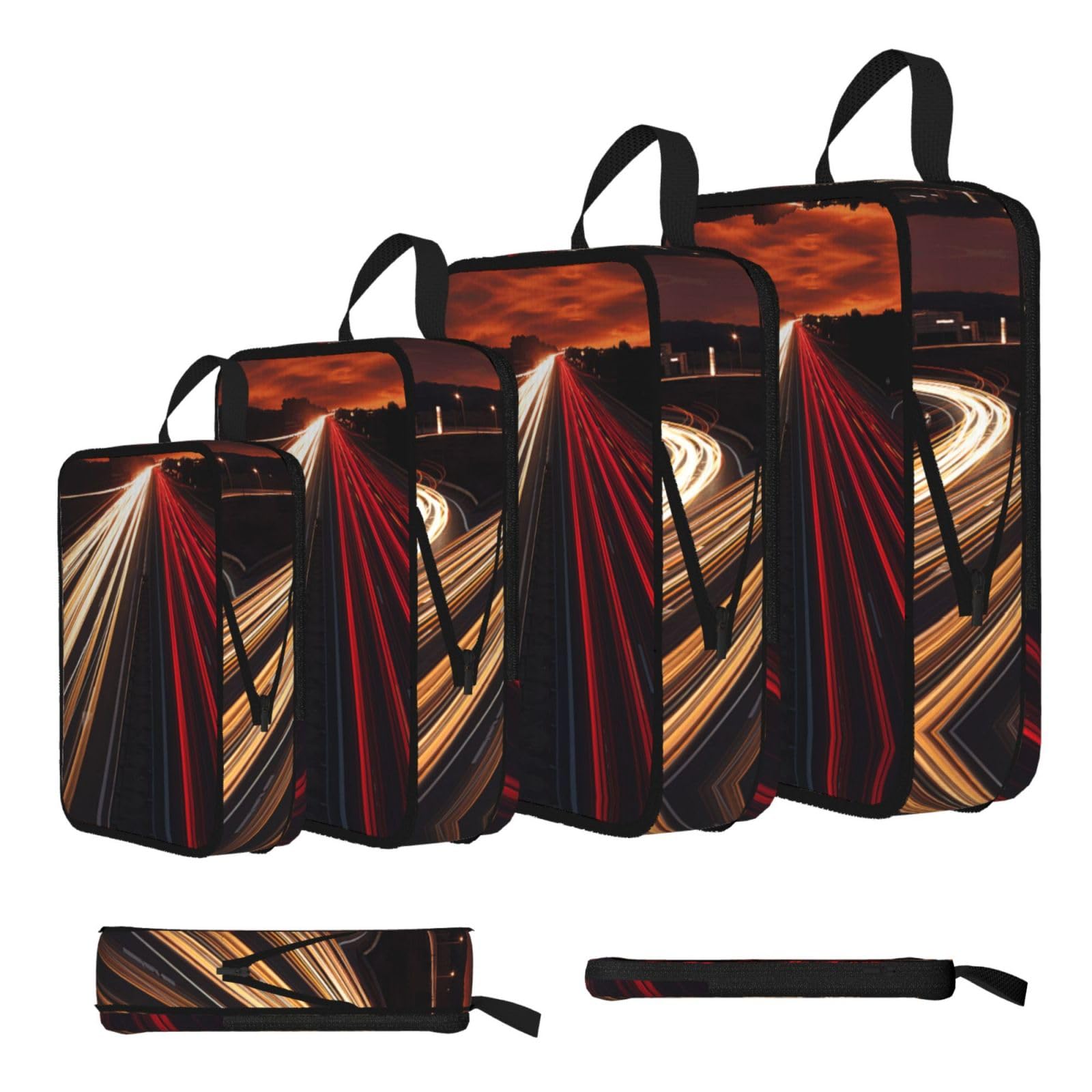 Esnaiuvcd Black Highway Light Print 4 Set Compression Packing Cubes For Suitcases,Expandable Storage Bags Organizers