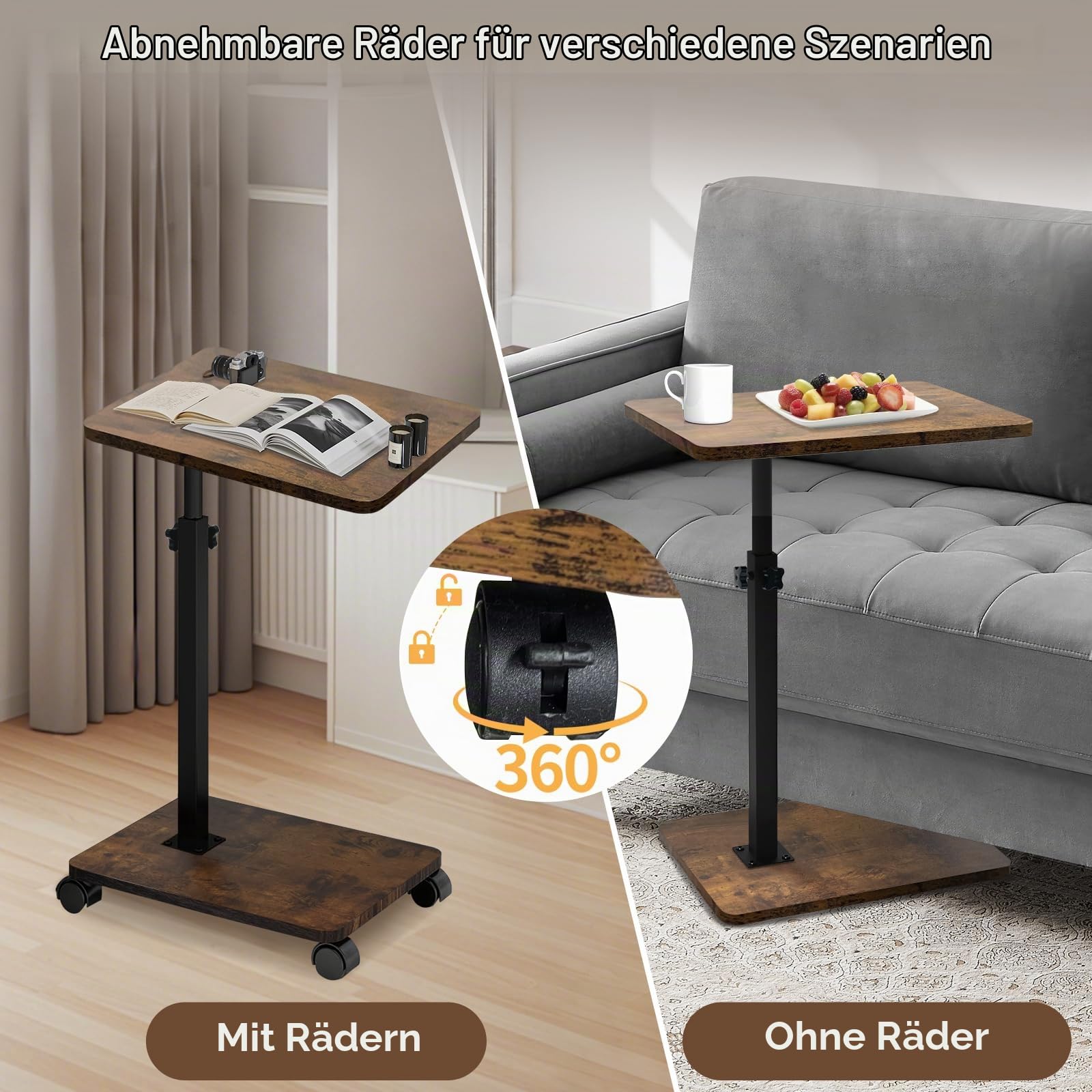 Beistelltisch Höhenverstellbar mit Rollen Kleiner Beistelltisch C Form Couchtisch Sofatisch Side Table 360° Rotierend Betttisch für Sofa Bett Wohnzimmer und Schlafzimmer Retro-Braun