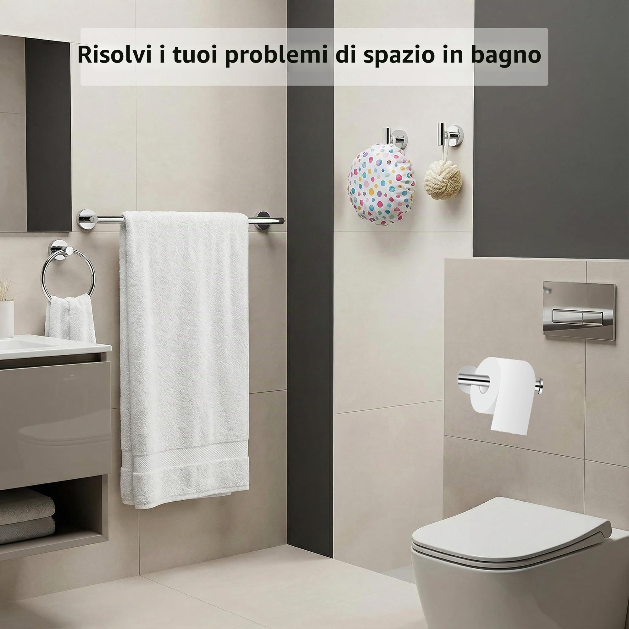 Set di accessori da bagno cromati, 5 pezzi in acciaio inox SUS304, portasciugamani da 61 cm, porta carta igienica, anello per asciugamani, ganci per accappatoio, accessori da bagno a vite per bagno
