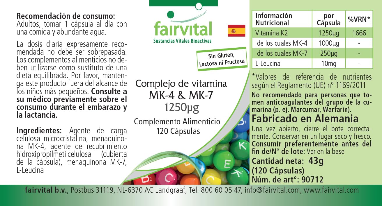 fairvital Complexe de vitamine K2 MK-4 & MK-7-1250 mcg de K2 par gélule, 120 gélules, faciles à avaler, HAUTEMENT DOSÉ, VÉGÉTALIEN, MK-7