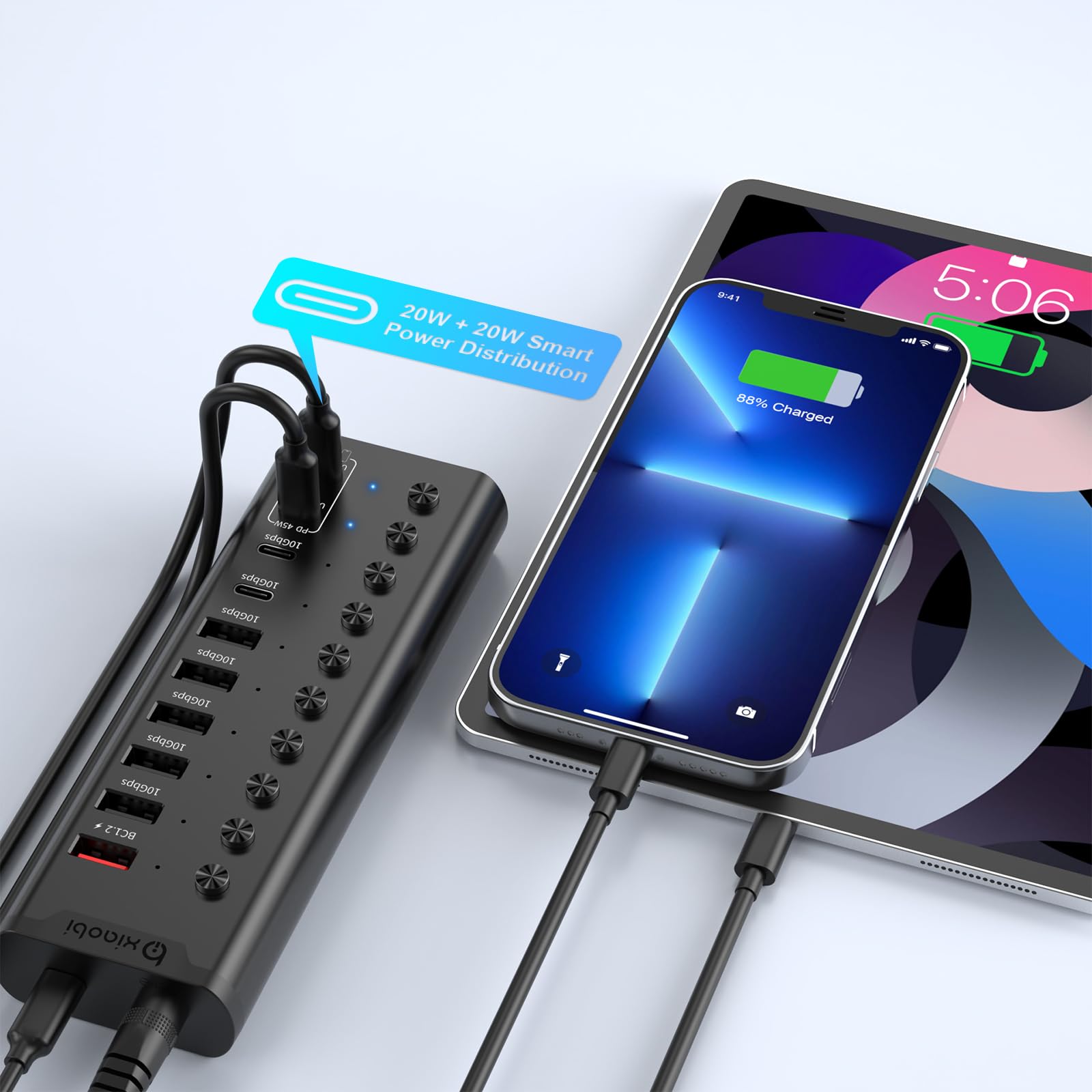 Aktiver USB-Hub, 10-Port USB-C-Hub mit 5X USB-A 3.2 und 2X USB-C 3.2, BC1.2 & 2X PD 45W Ladeports, Einzelschalter, 24V/3A Netzteil, USB-Erweiterung für PC UVM. (Schwarz).