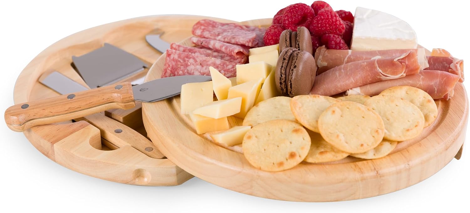 PICNIC TIME America250 Circo Cheese Board and Knife Set, Round Charcuterie Board with Hidden Storage and 4 Cheese Tools, Wood Cutting Board Design, (Parawood)